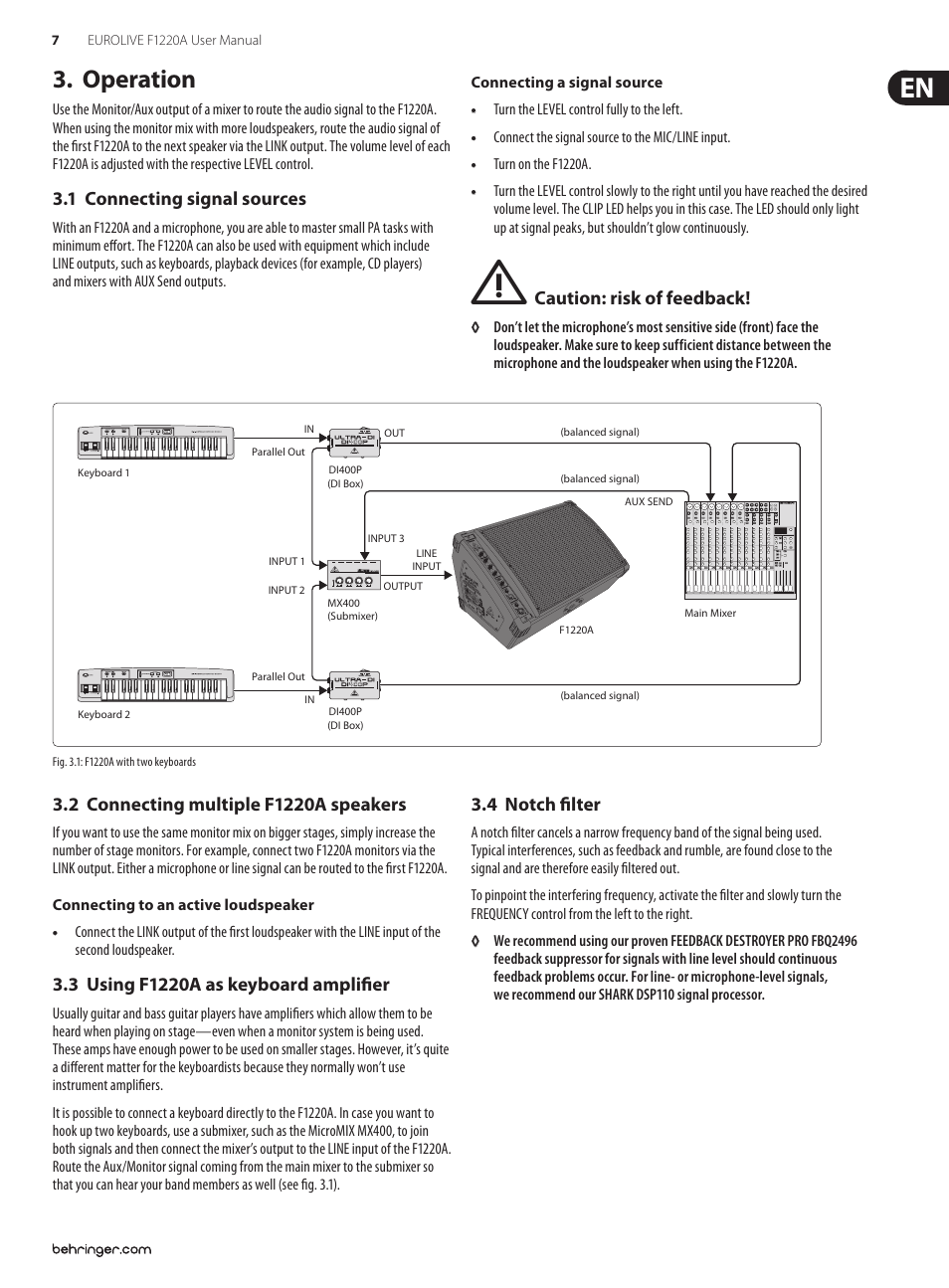 Operation, 1 connecting signal sources, 2 connecting multiple f1220a speakers | 3 using f1220a as keyboard amplifier, 4 notch filter | Behringer Eurolive F1220A User Manual | Page 7 / 10