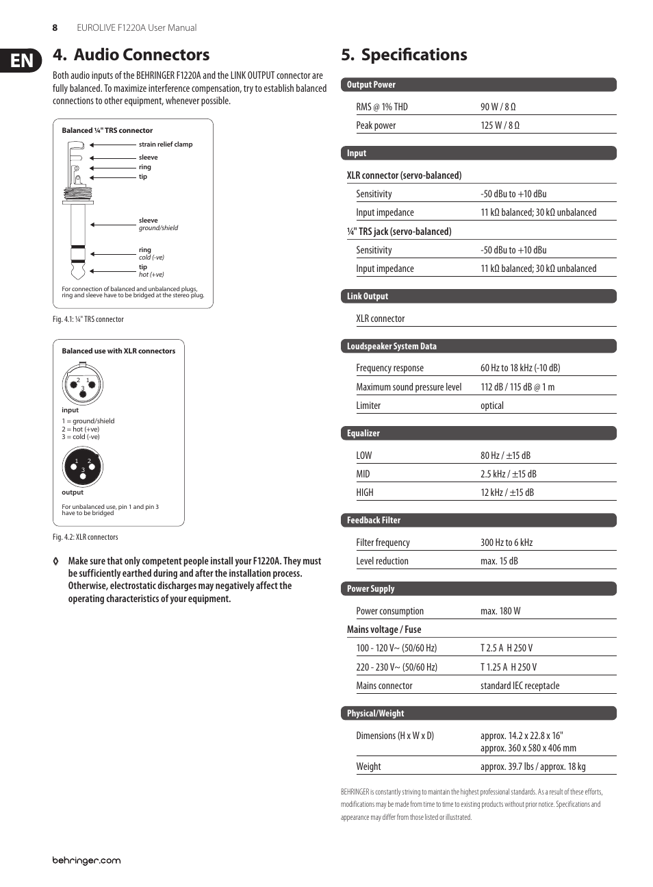 Audio connectors, Specifications, Audio connectors 5. specifications | Behringer Eurolive F1220A User Manual | Page 8 / 10