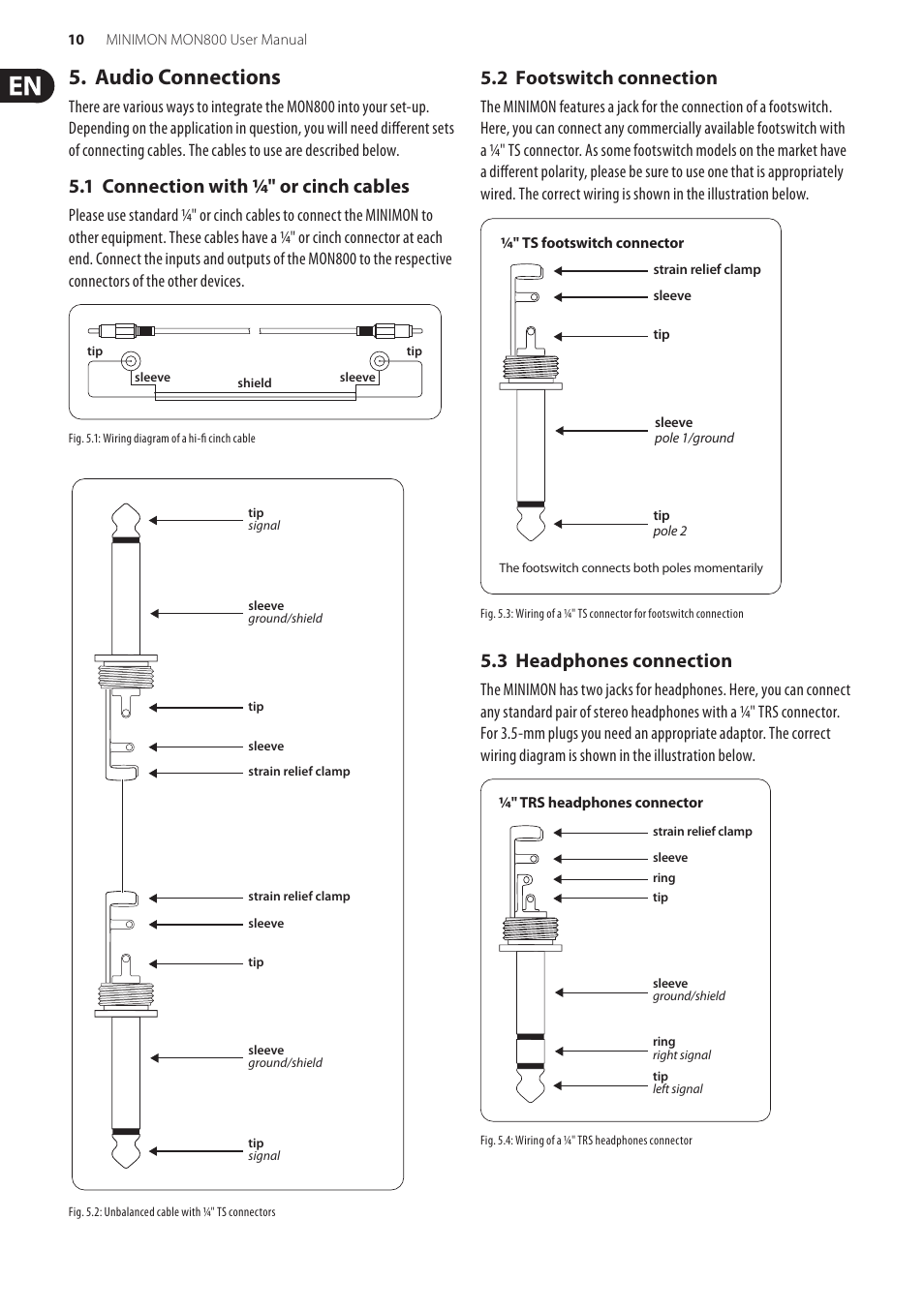 Audio connections, 1 connection with 1/4" or cinch cables, 2 footswitch connection | 3 headphones connection | Behringer MINIMON MON Ultra-Compact Stereo Monitor Matrix Mixer with Talkback Mic MON800 User Manual | Page 10 / 13