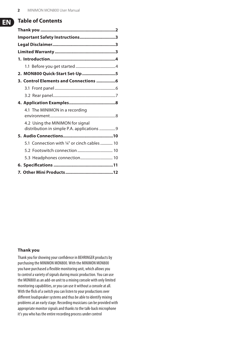 Behringer MINIMON MON Ultra-Compact Stereo Monitor Matrix Mixer with Talkback Mic MON800 User Manual | Page 2 / 13