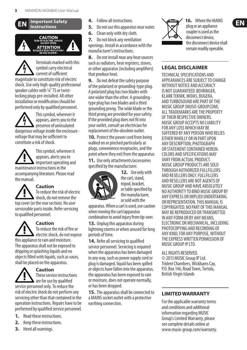Important safety instructions, Legal disclaimer, Limited warranty | Behringer MINIMON MON Ultra-Compact Stereo Monitor Matrix Mixer with Talkback Mic MON800 User Manual | Page 3 / 13