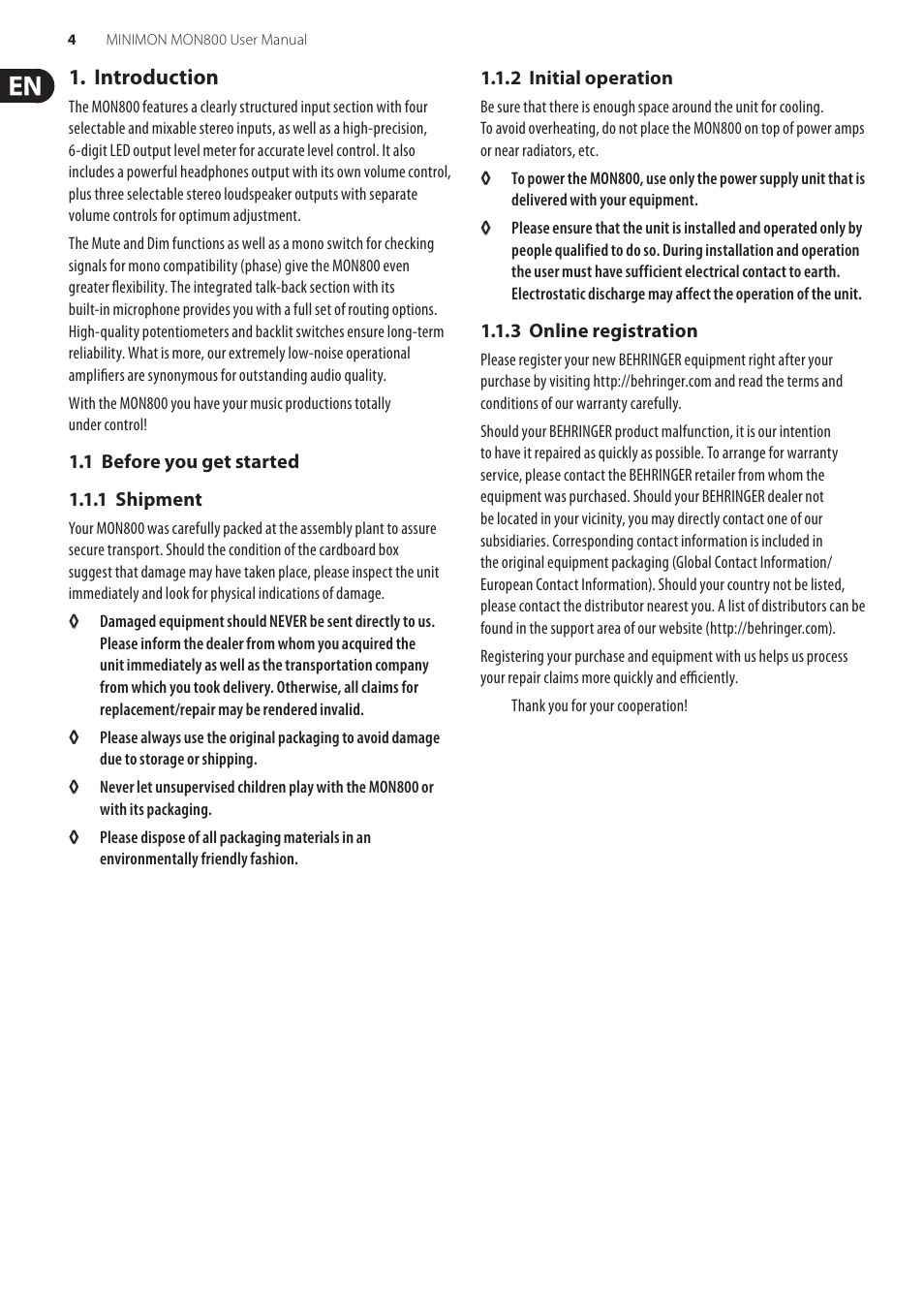 Introduction, 1 before you get started | Behringer MINIMON MON Ultra-Compact Stereo Monitor Matrix Mixer with Talkback Mic MON800 User Manual | Page 4 / 13