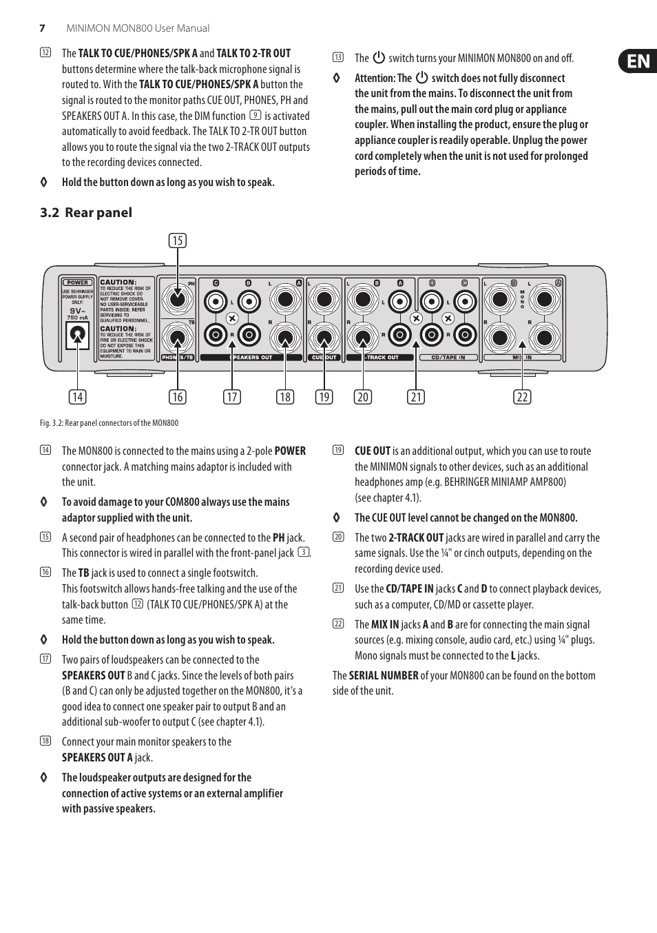 2 rear panel | Behringer MINIMON MON Ultra-Compact Stereo Monitor Matrix Mixer with Talkback Mic MON800 User Manual | Page 7 / 13