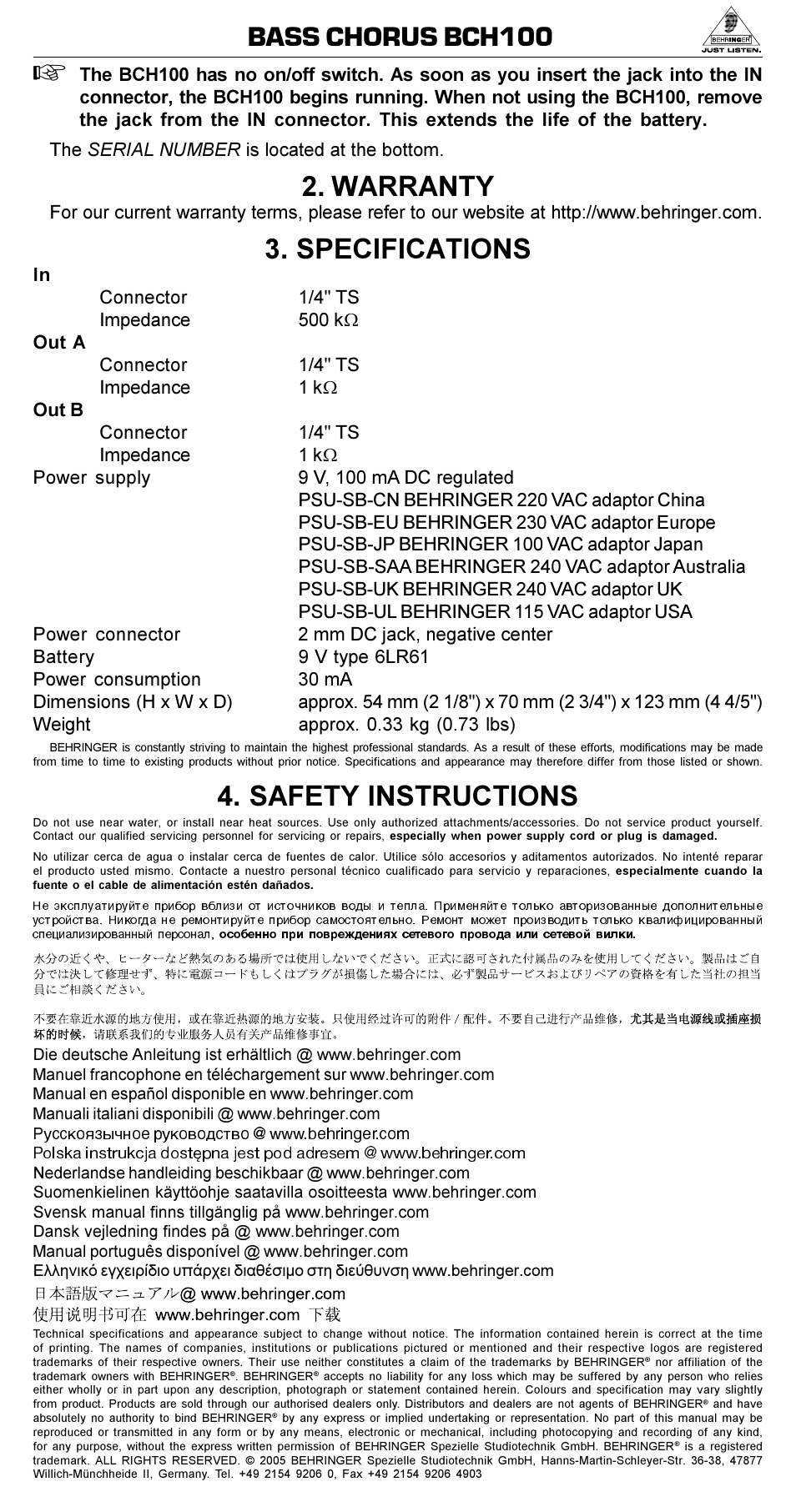 Bass chorus bch100, Warranty, Specifications | Safety instructions | Behringer Bass Chorus BCH100 User Manual | Page 2 / 3