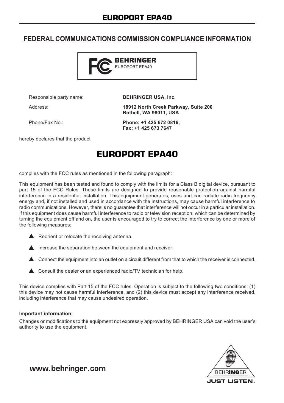 Europort epa40 | Behringer EPA40 User Manual | Page 8 / 8