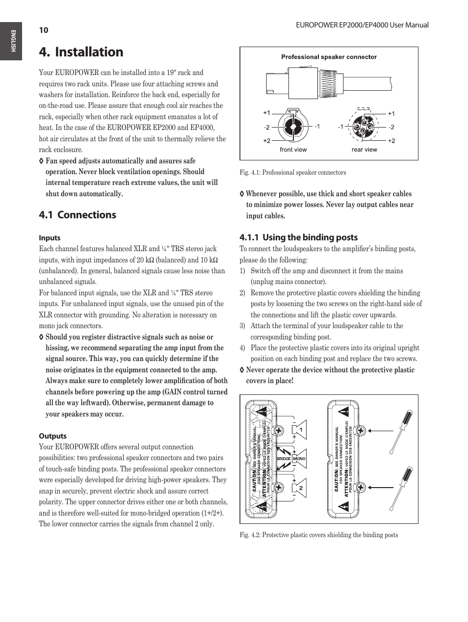 Installation, 1 connections, Installation 4 | Connections 4.1 | Behringer EUROPOWER Amplifier with ATR EP2000 User Manual | Page 10 / 16