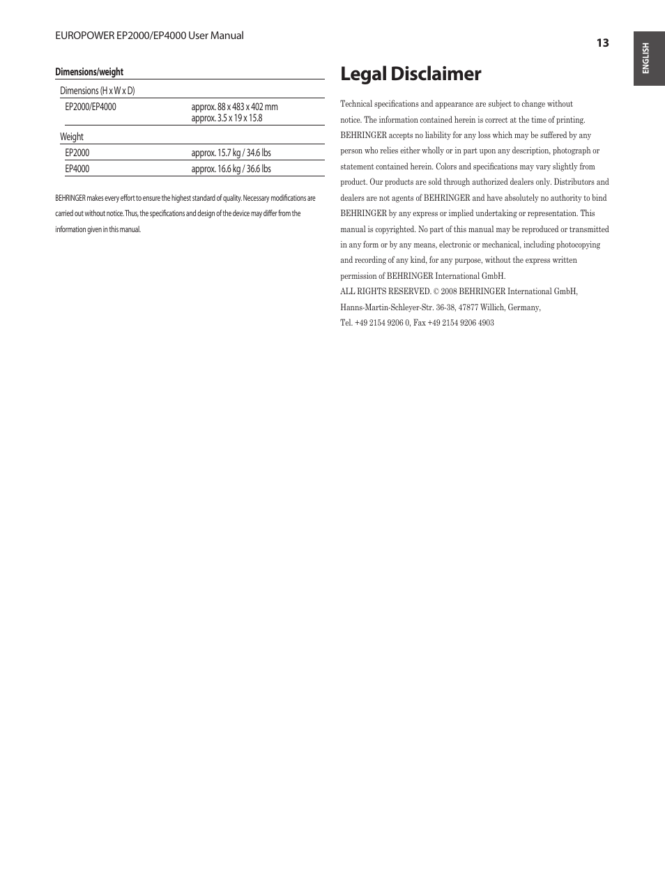 Legal disclaimer | Behringer EUROPOWER Amplifier with ATR EP2000 User Manual | Page 13 / 16