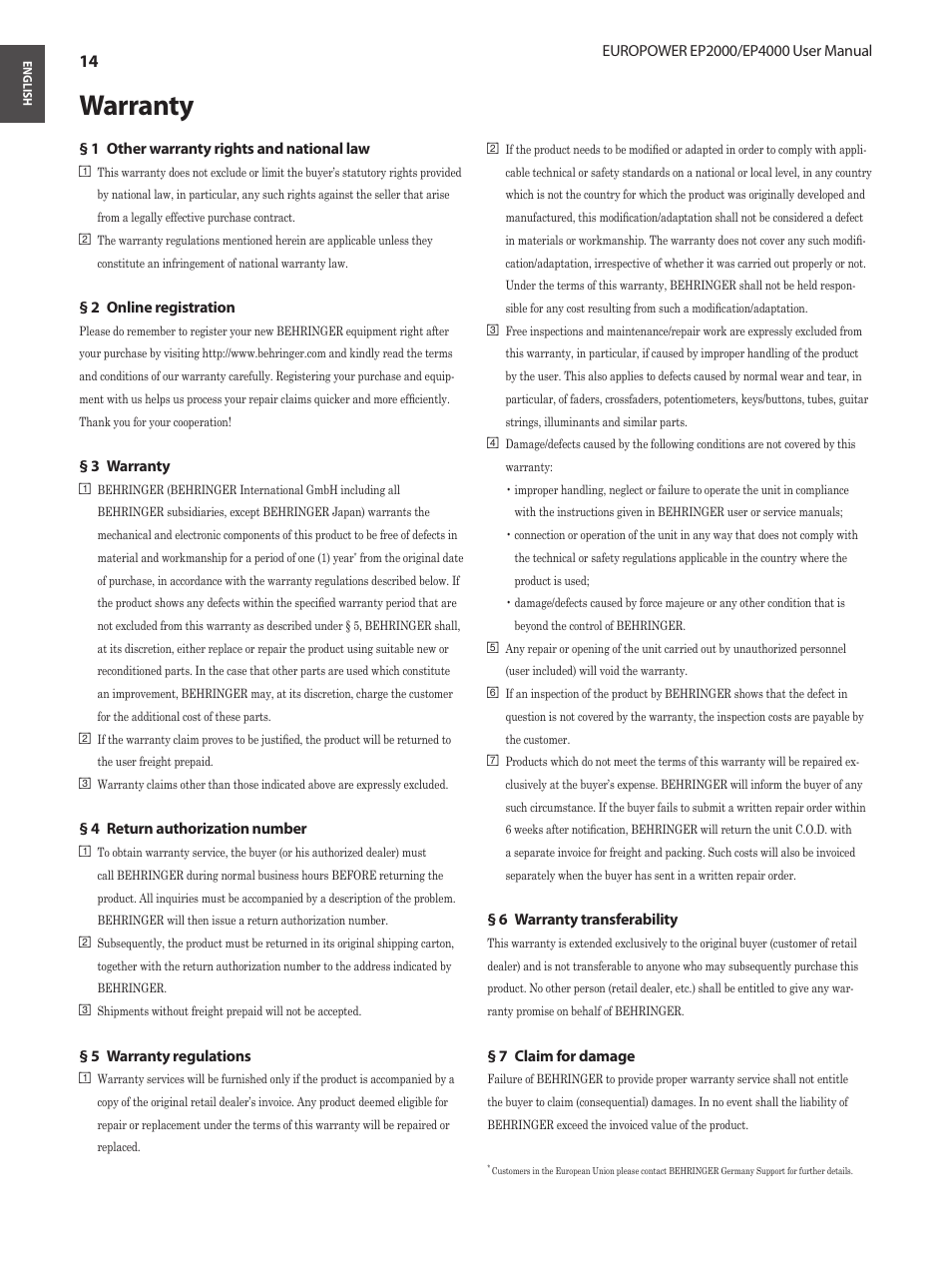 Warranty | Behringer EUROPOWER Amplifier with ATR EP2000 User Manual | Page 14 / 16