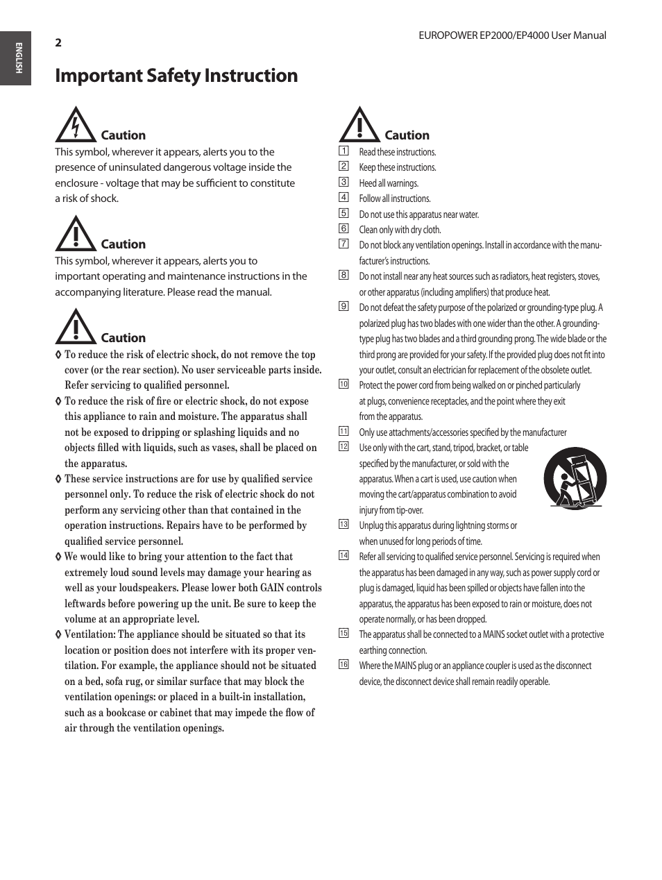 Important safety instruction | Behringer EUROPOWER Amplifier with ATR EP2000 User Manual | Page 2 / 16