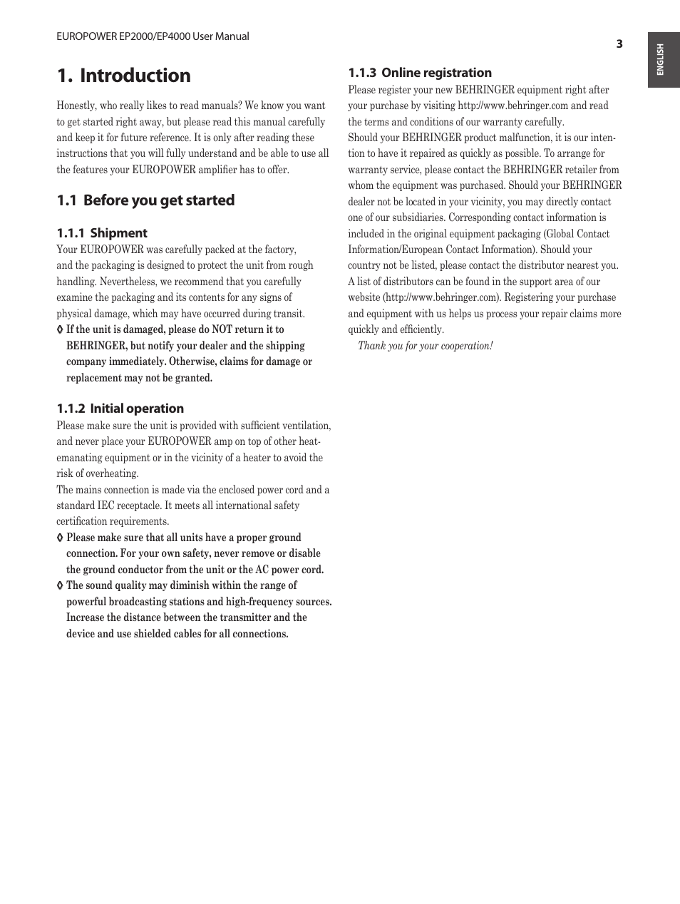 Introduction, 1 before you get started, Introduction 1 | Before you get started 1.1 | Behringer EUROPOWER Amplifier with ATR EP2000 User Manual | Page 3 / 16