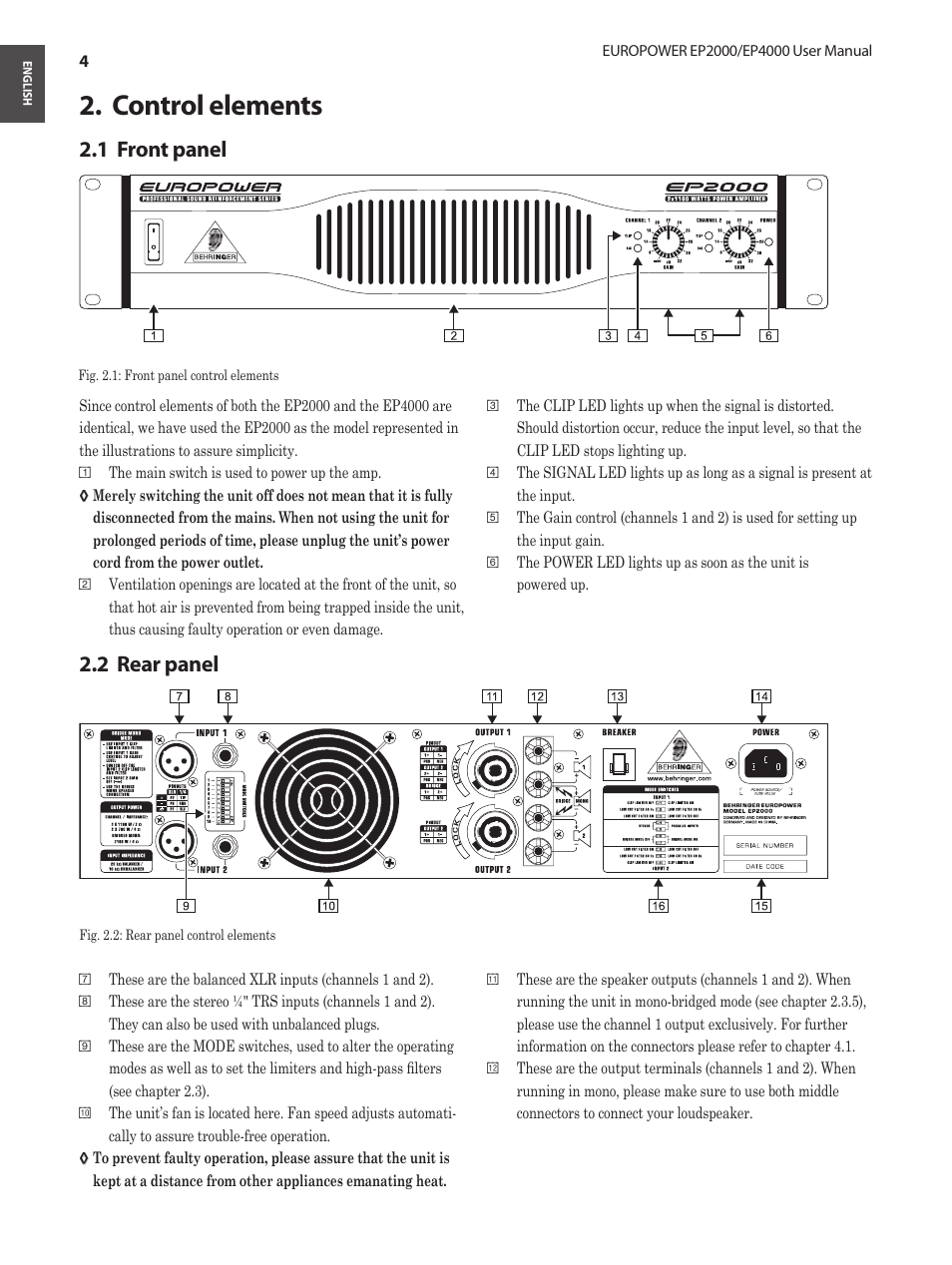 Control elements, 1 front panel, 2 rear panel | 1 front panel 2.2 rear panel, Control elements 2, Front panel 2.1, Rear panel 2.2 | Behringer EUROPOWER Amplifier with ATR EP2000 User Manual | Page 4 / 16