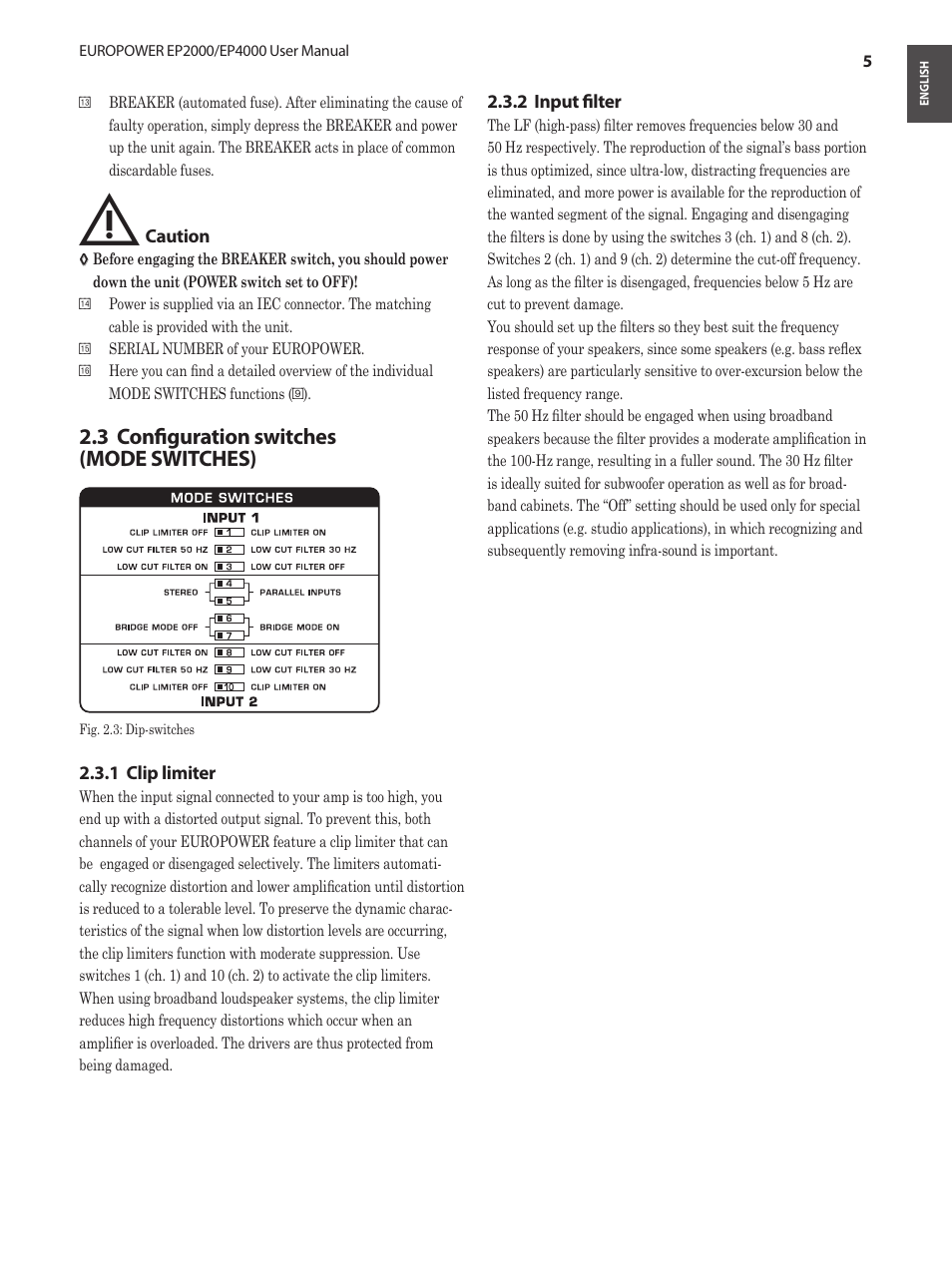 3 configuration switches (mode switches) | Behringer EUROPOWER Amplifier with ATR EP2000 User Manual | Page 5 / 16