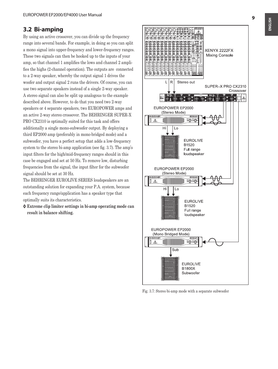 2 bi-amping, Bi-amping 3.2 | Behringer EUROPOWER Amplifier with ATR EP2000 User Manual | Page 9 / 16