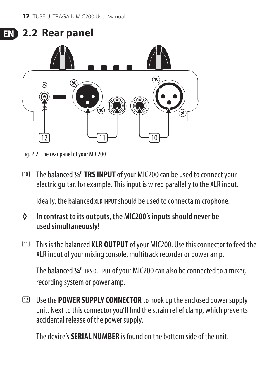 2 rear panel | Behringer Preamplifier MIC200 User Manual | Page 12 / 21