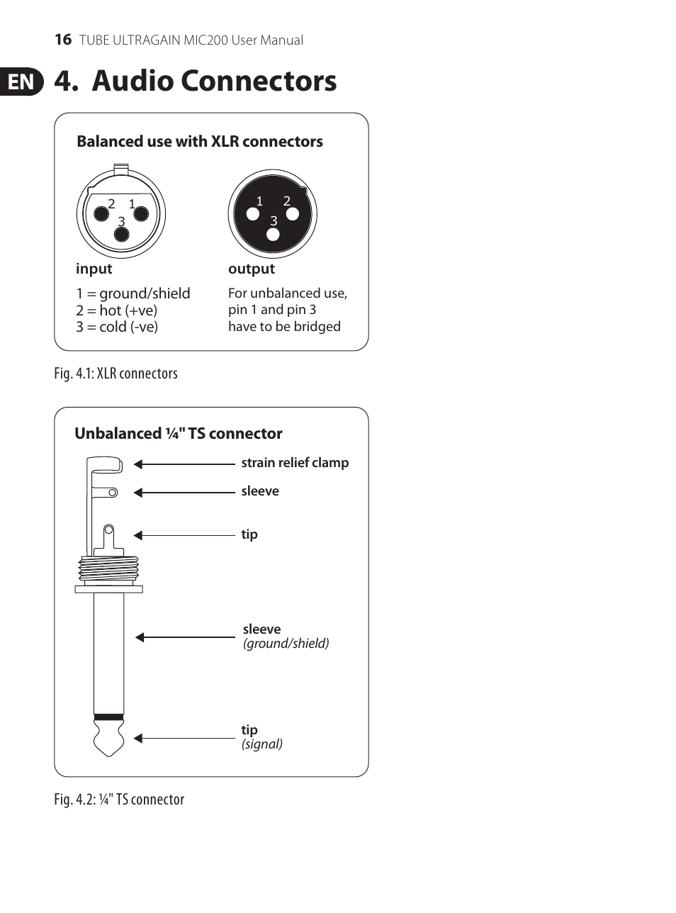 Audio connectors | Behringer Preamplifier MIC200 User Manual | Page 16 / 21