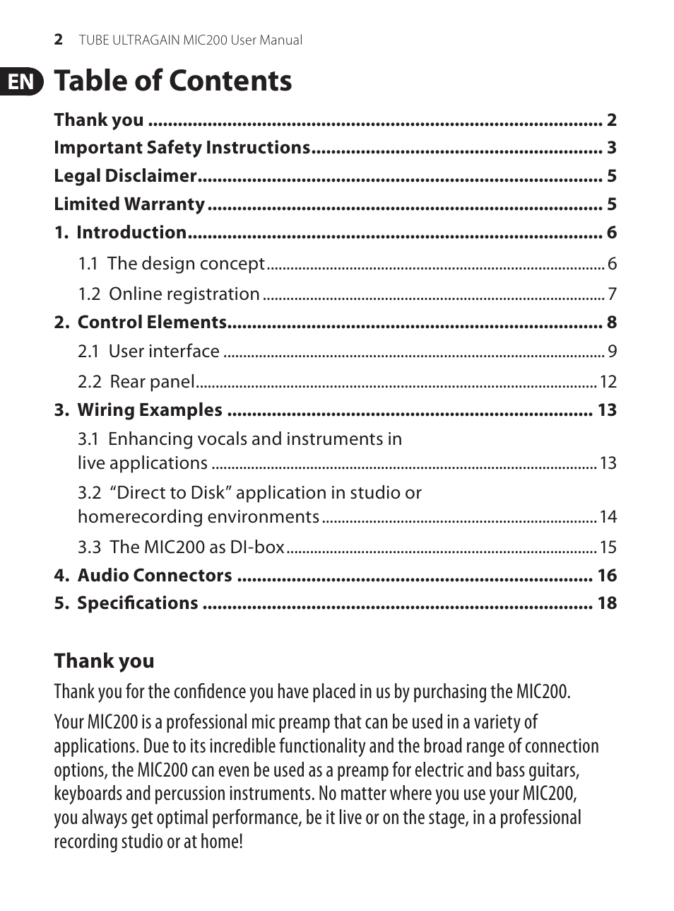 Behringer Preamplifier MIC200 User Manual | Page 2 / 21