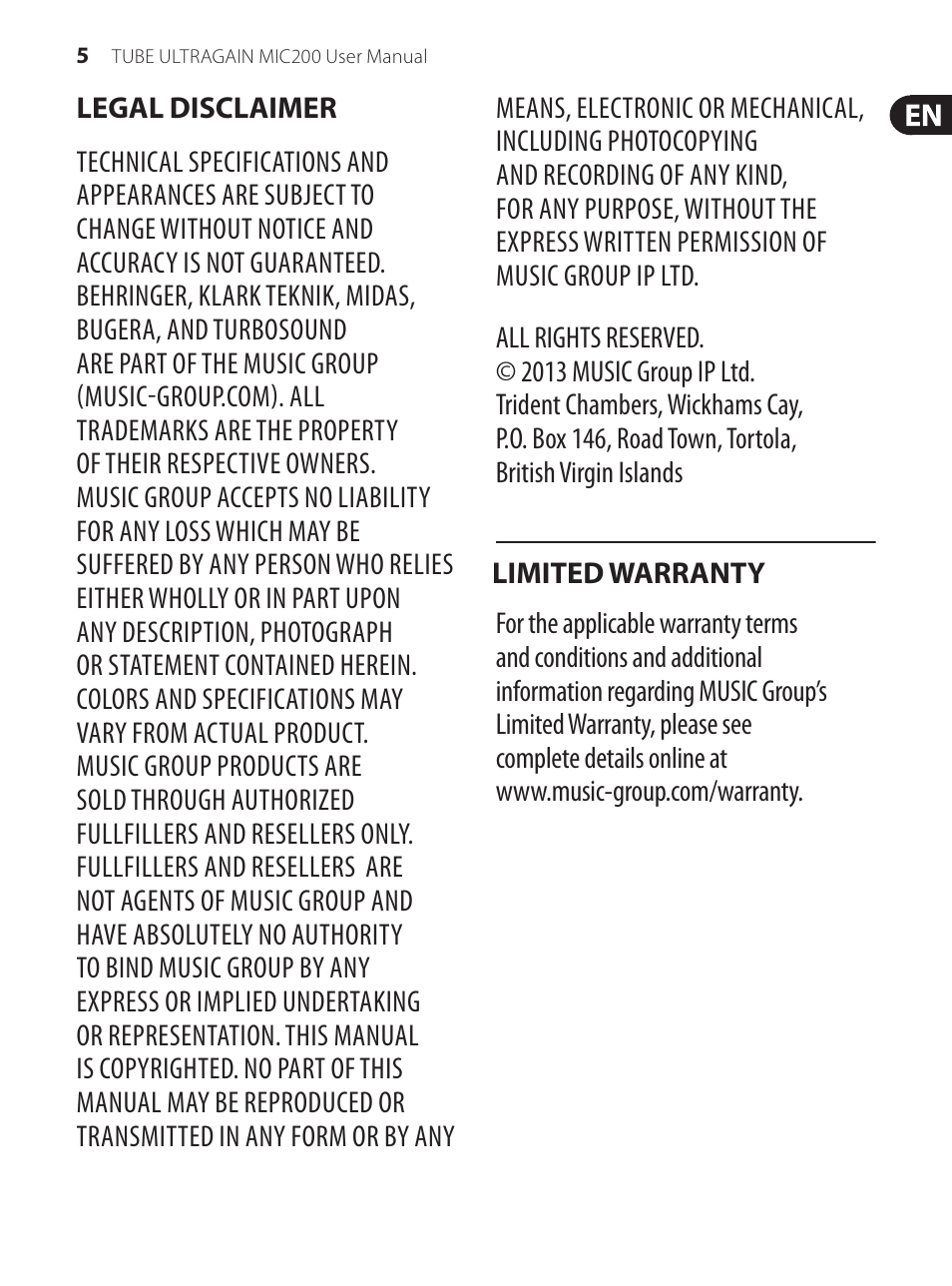 Legal disclaimer, Limited warranty, Legal disclaimer limited warranty | Behringer Preamplifier MIC200 User Manual | Page 5 / 21