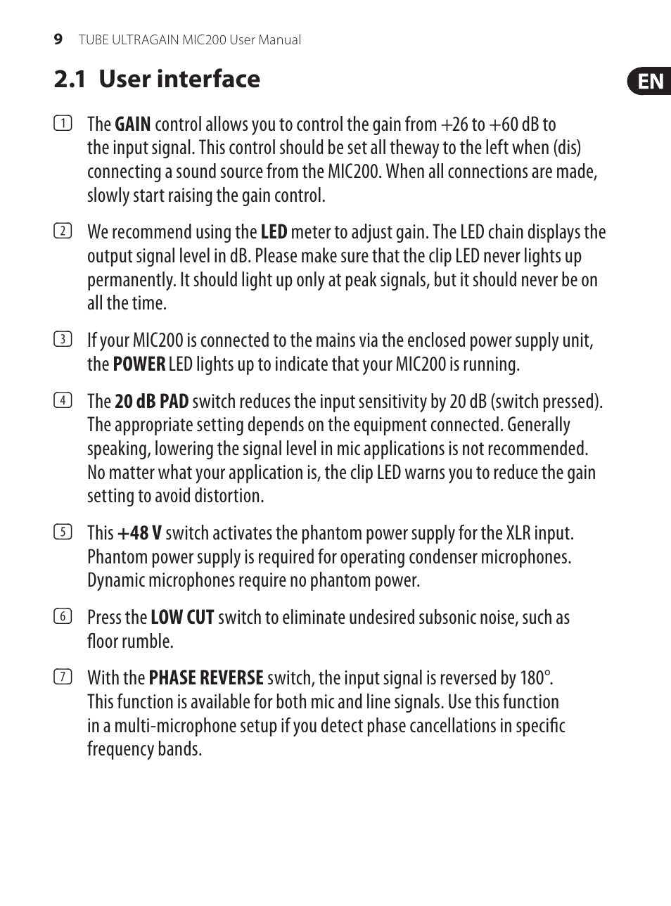 1 user interface | Behringer Preamplifier MIC200 User Manual | Page 9 / 21