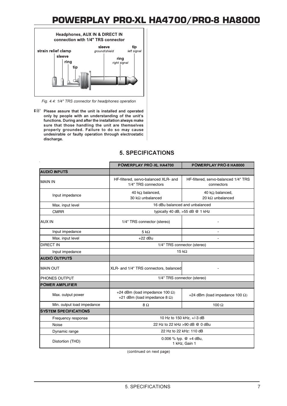 Specifications | Behringer HA4700 User Manual | Page 7 / 9