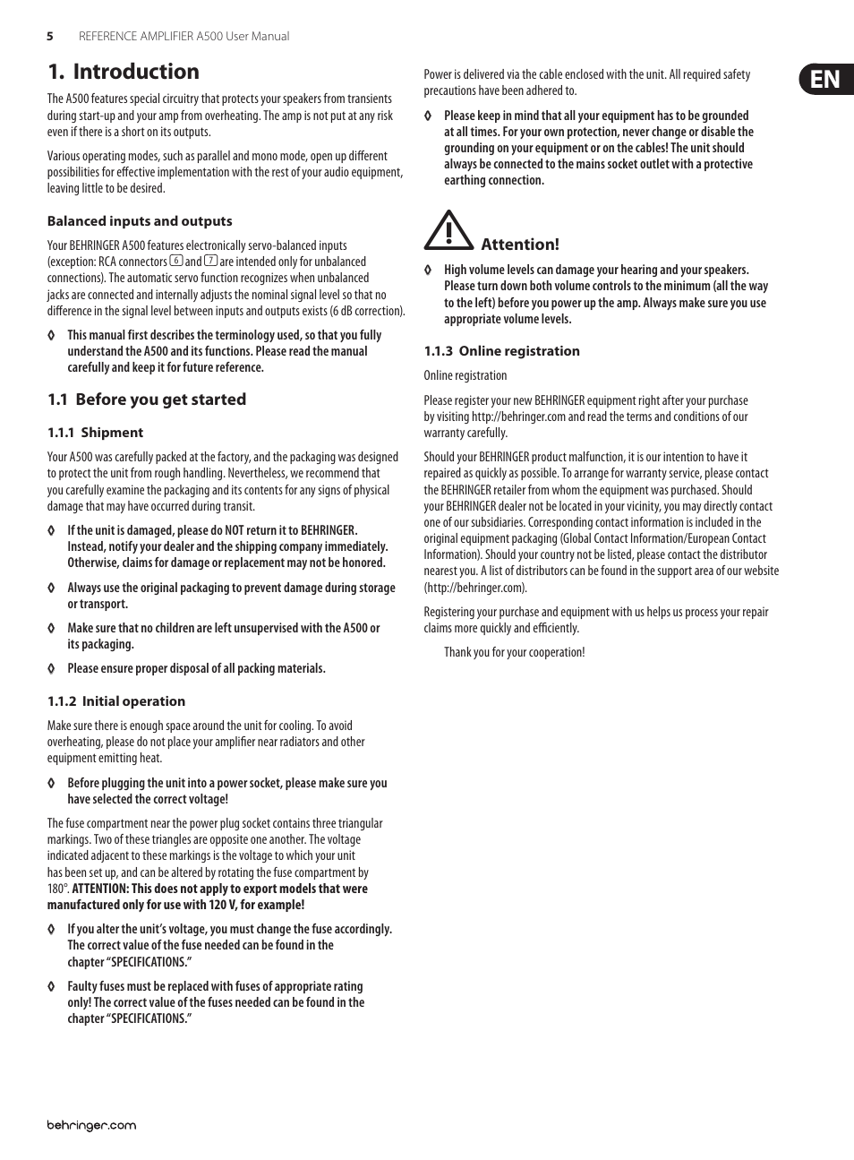 Introduction, 1 before you get started | Behringer Professional 600-Watt Reference-Class Studio Power Amplifier A500 User Manual | Page 5 / 11