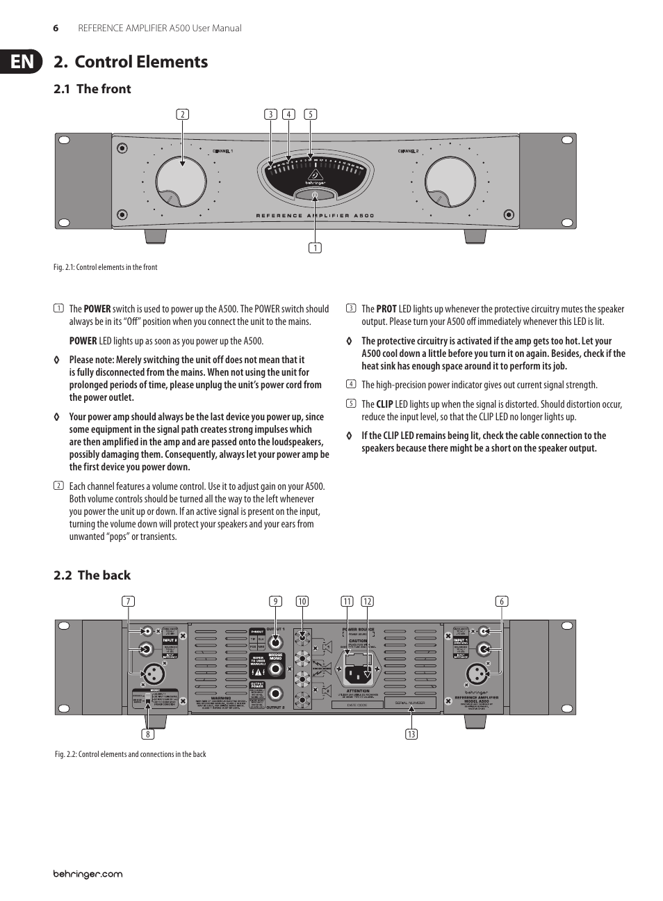 Control elements, 1 the front, 2 the back | 1 the front 2.2 the back | Behringer Professional 600-Watt Reference-Class Studio Power Amplifier A500 User Manual | Page 6 / 11