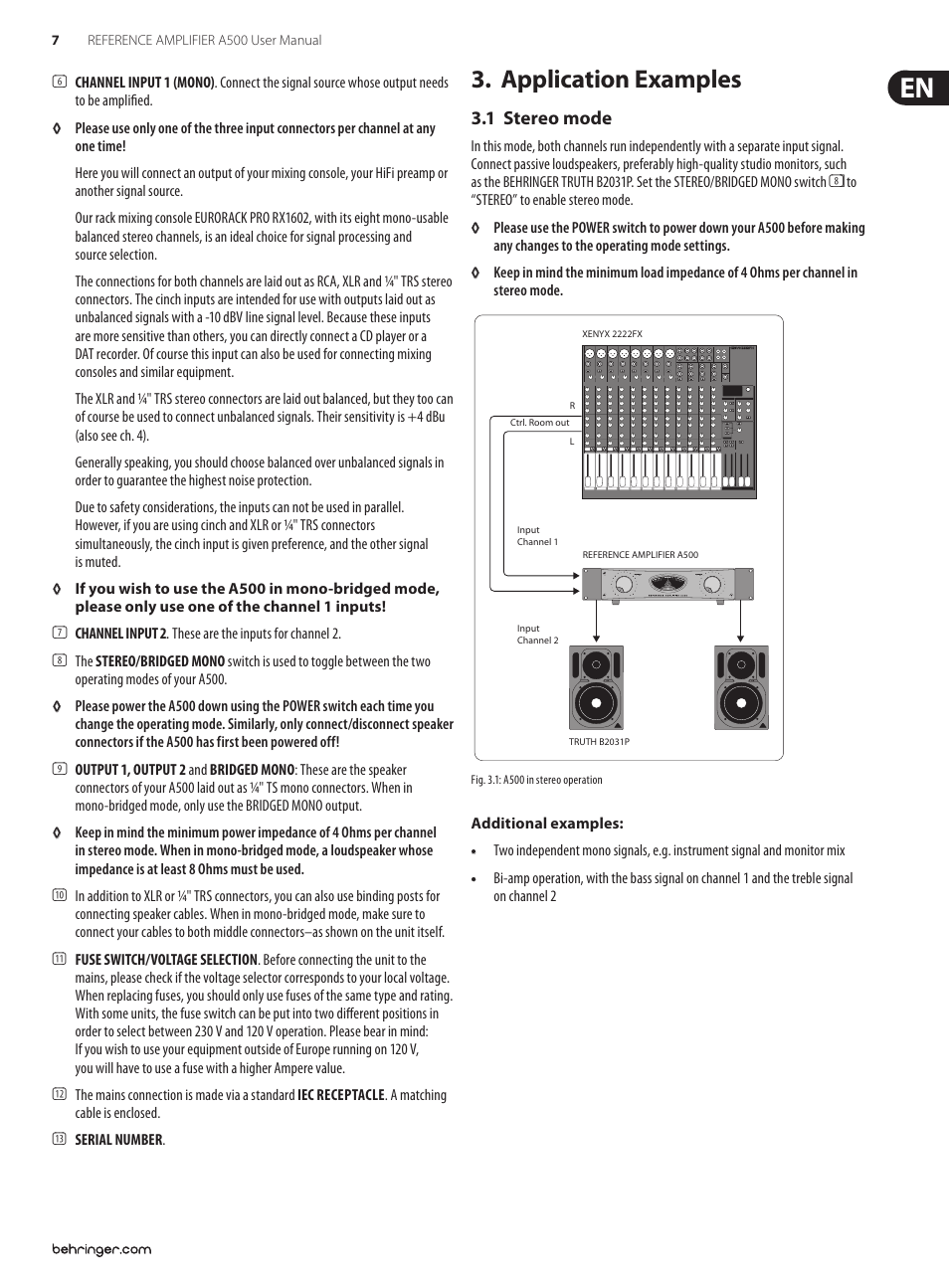 Application examples, 1 stereo mode | Behringer Professional 600-Watt Reference-Class Studio Power Amplifier A500 User Manual | Page 7 / 11