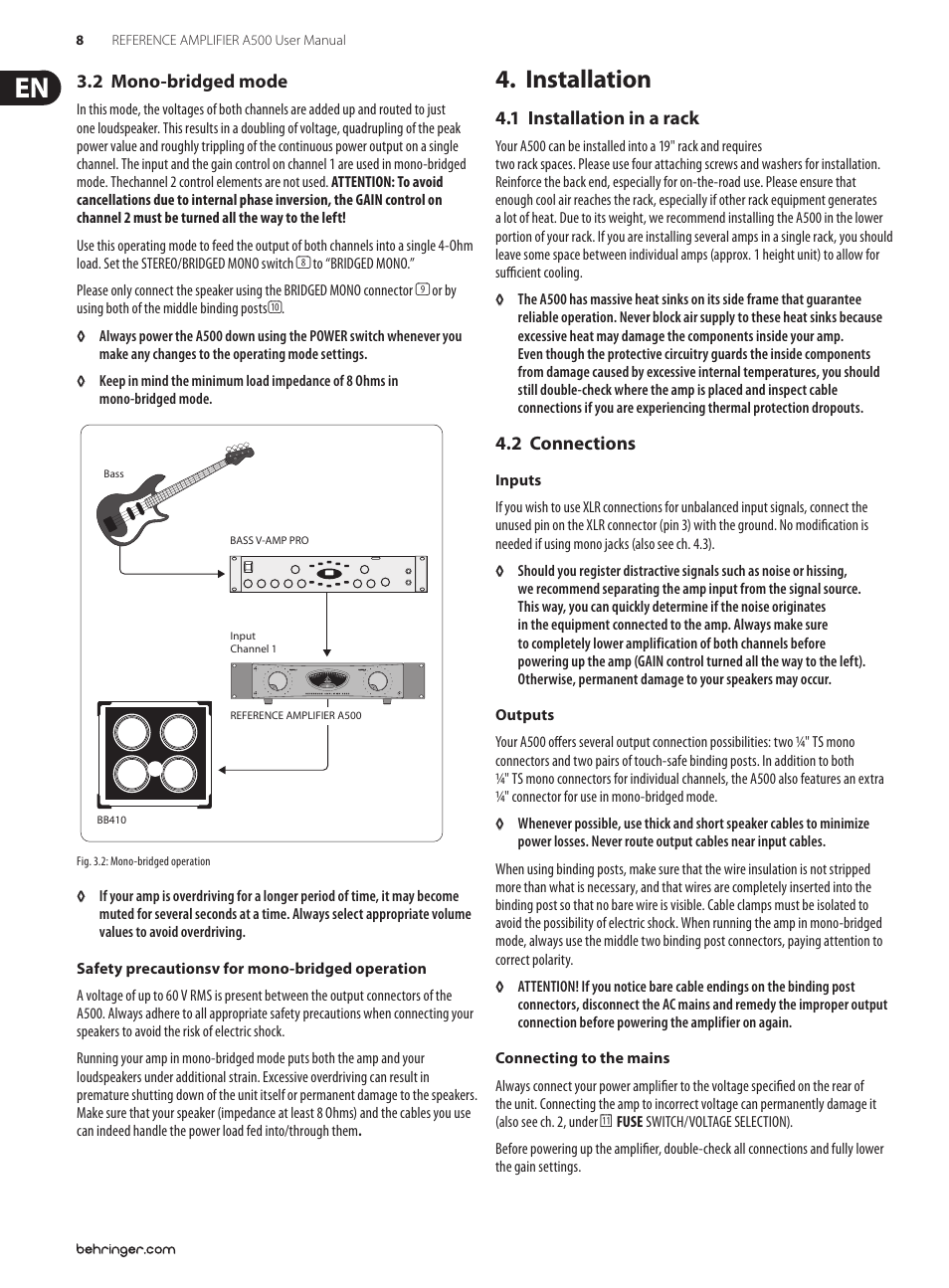 2 mono-bridged mode, Installation, 1 installation in a rack | 2 connections, 1 installation in a rack 4.2 connections | Behringer Professional 600-Watt Reference-Class Studio Power Amplifier A500 User Manual | Page 8 / 11