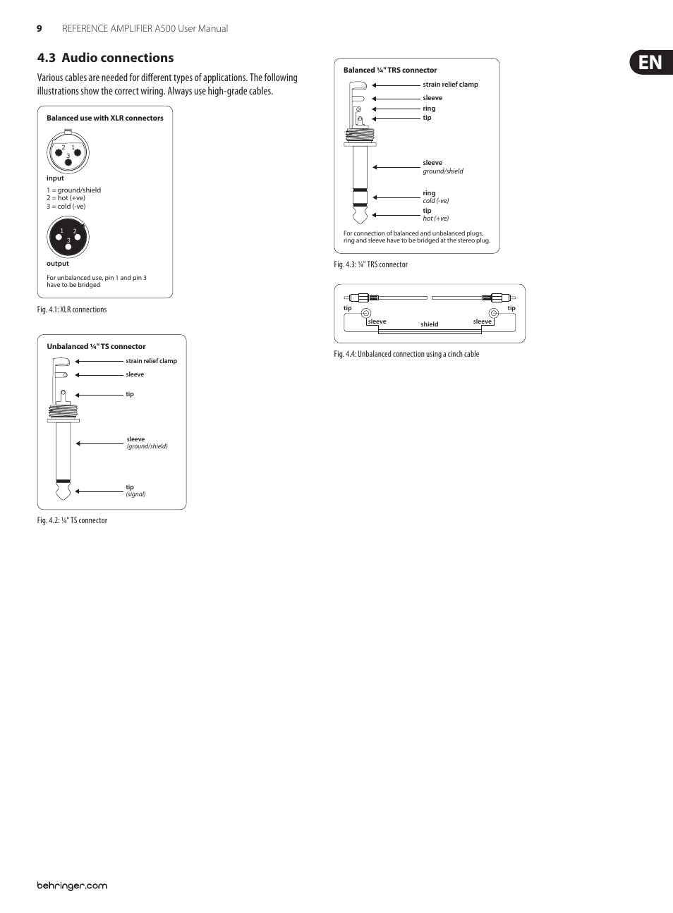 3 audio connections, 9reference amplifier a500 user manual | Behringer Professional 600-Watt Reference-Class Studio Power Amplifier A500 User Manual | Page 9 / 11