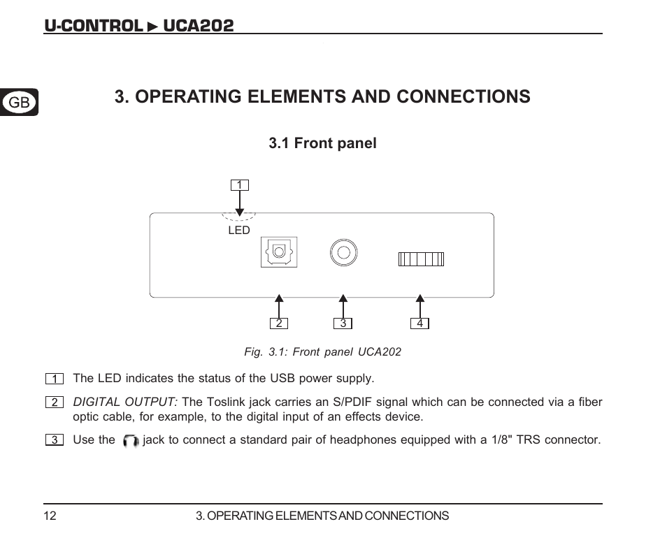 Operating elements and connections, 1 front panel, U-control uca202 | Behringer UCA202 User Manual | Page 12 / 22