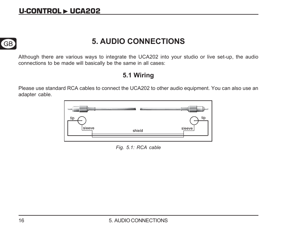 Audio connections, 1 wiring, 1 wiring 5.2 headphones connection | U-control uca202 5. audio connections | Behringer UCA202 User Manual | Page 16 / 22