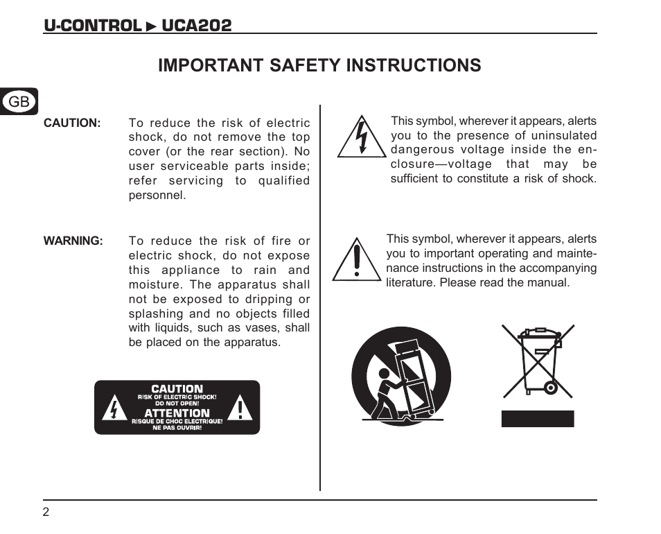 U-control uca202, Important safety instructions | Behringer UCA202 User Manual | Page 2 / 22