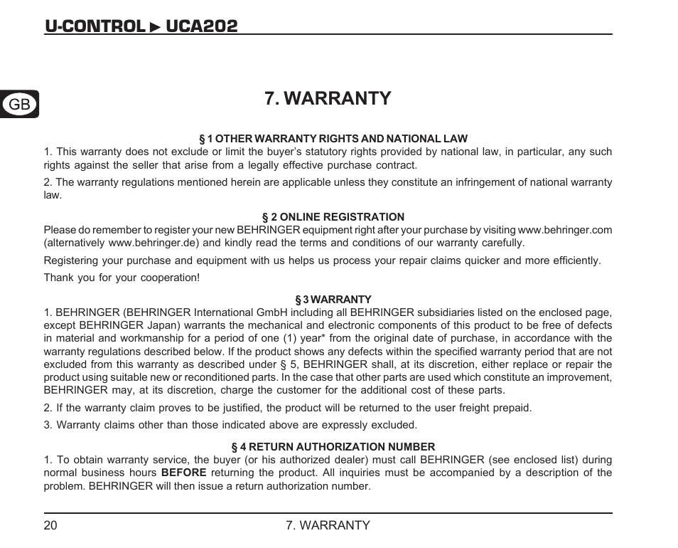 Warranty, U-control uca202 7. warranty | Behringer UCA202 User Manual | Page 20 / 22