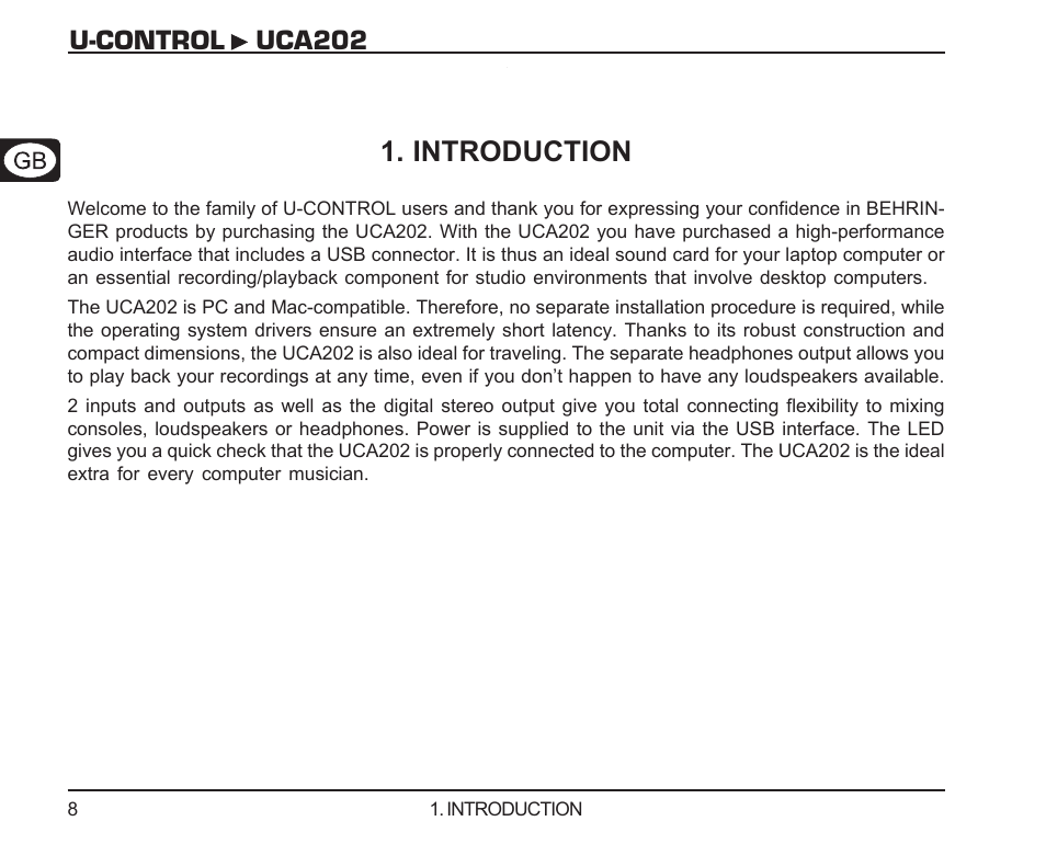 Introduction, U-control uca202 1. introduction | Behringer UCA202 User Manual | Page 8 / 22