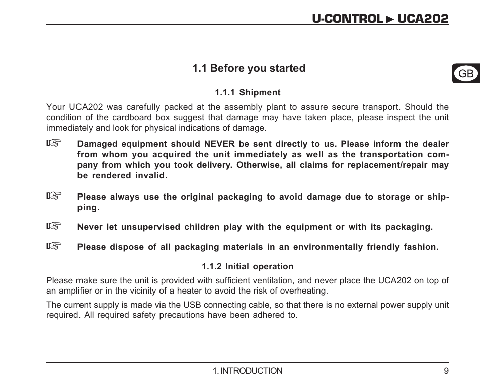 1 before you started, 1 shipment, 2 initial operation | 1 shipment 1.1.2 initial operation, U-control uca202 | Behringer UCA202 User Manual | Page 9 / 22