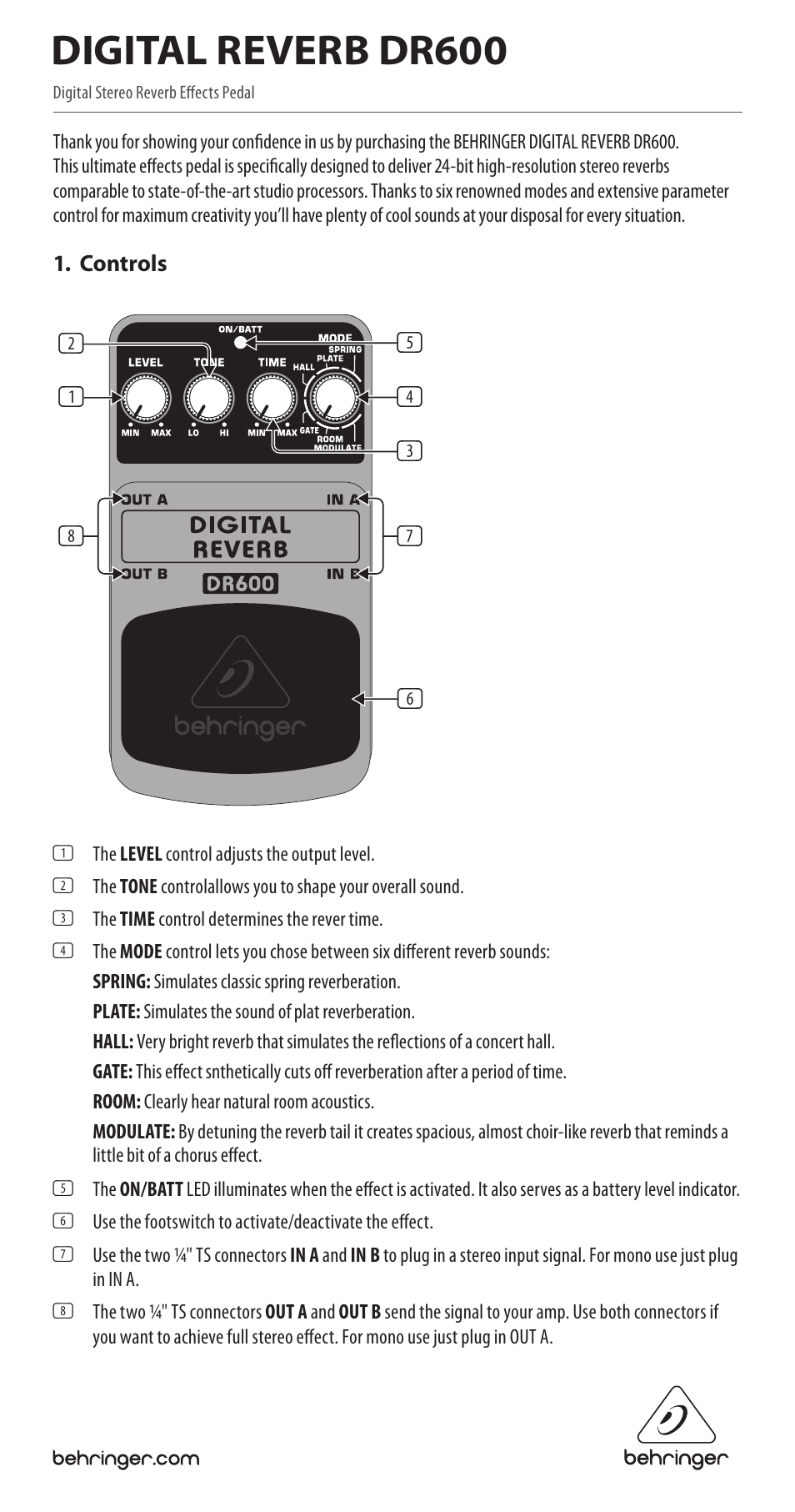 Behringer Digital Reverb DR600 User Manual | 2 pages