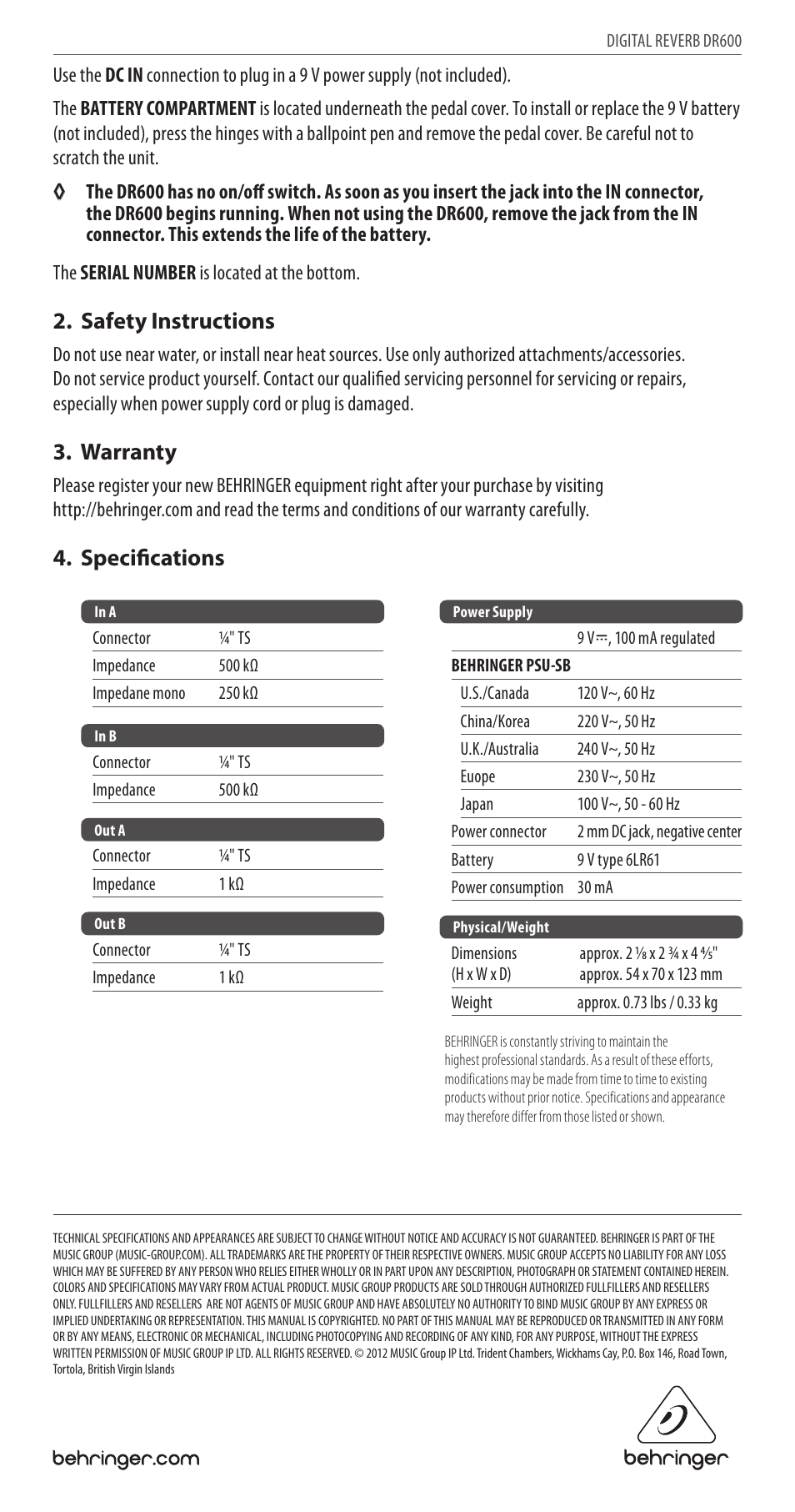 Safety instructions, Warranty, Specifications | Behringer Digital Reverb DR600 User Manual | Page 2 / 2