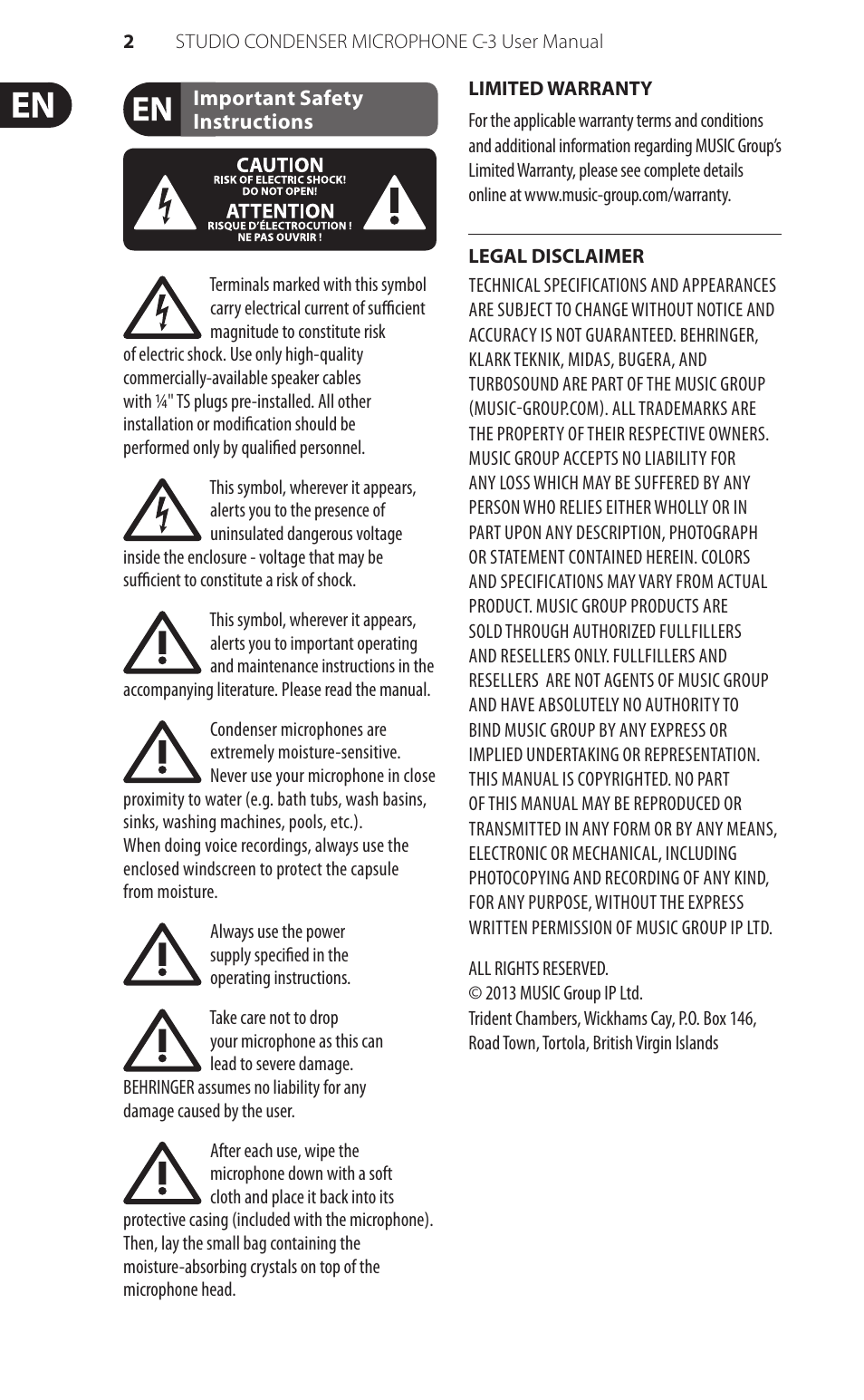 Behringer LARGE-DIAPHRAGMSTUDIOCONDENSERMICROPHONE C-3 User Manual | Page 2 / 8