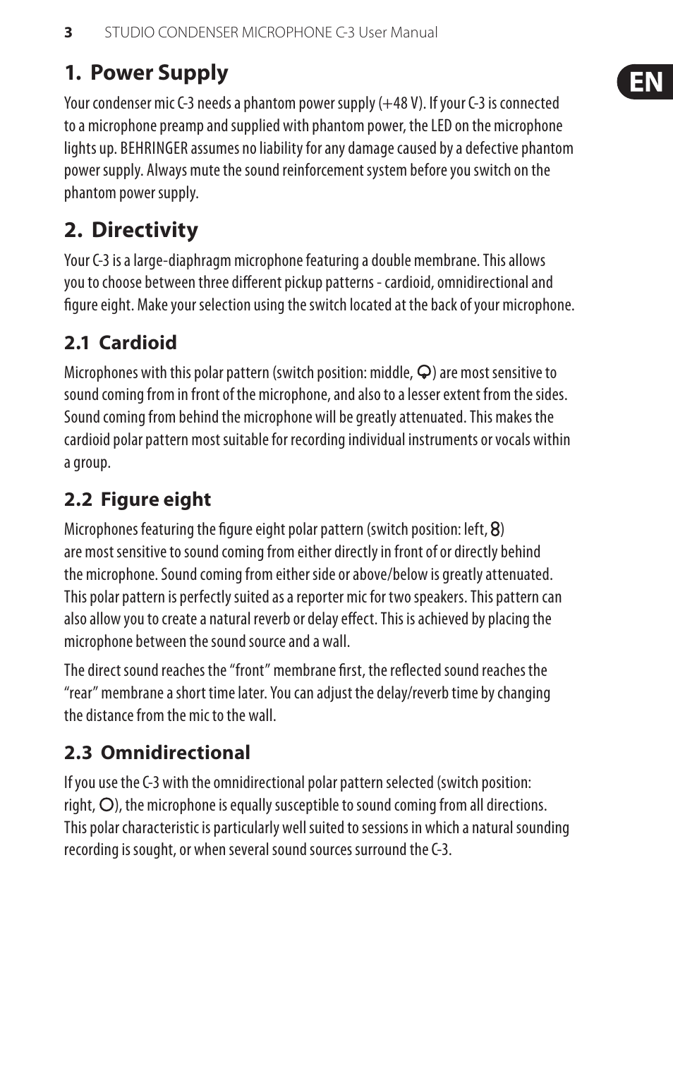 Power supply, Directivity | Behringer LARGE-DIAPHRAGMSTUDIOCONDENSERMICROPHONE C-3 User Manual | Page 3 / 8