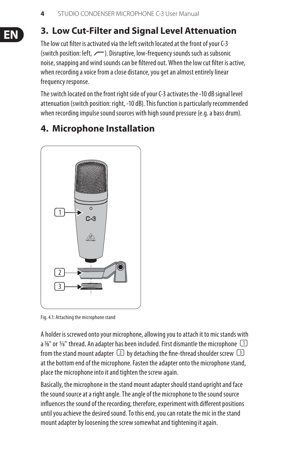 Low cut-filter and signal level attenuation, Microphone installation | Behringer LARGE-DIAPHRAGMSTUDIOCONDENSERMICROPHONE C-3 User Manual | Page 4 / 8