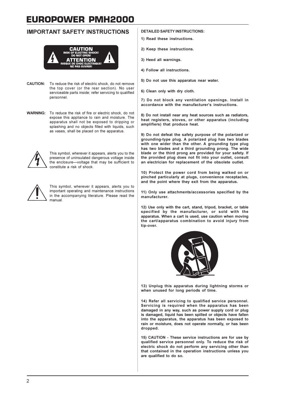 Europower pmh2000, Important safety instructions | Behringer Power Mixer User Manual | Page 2 / 10