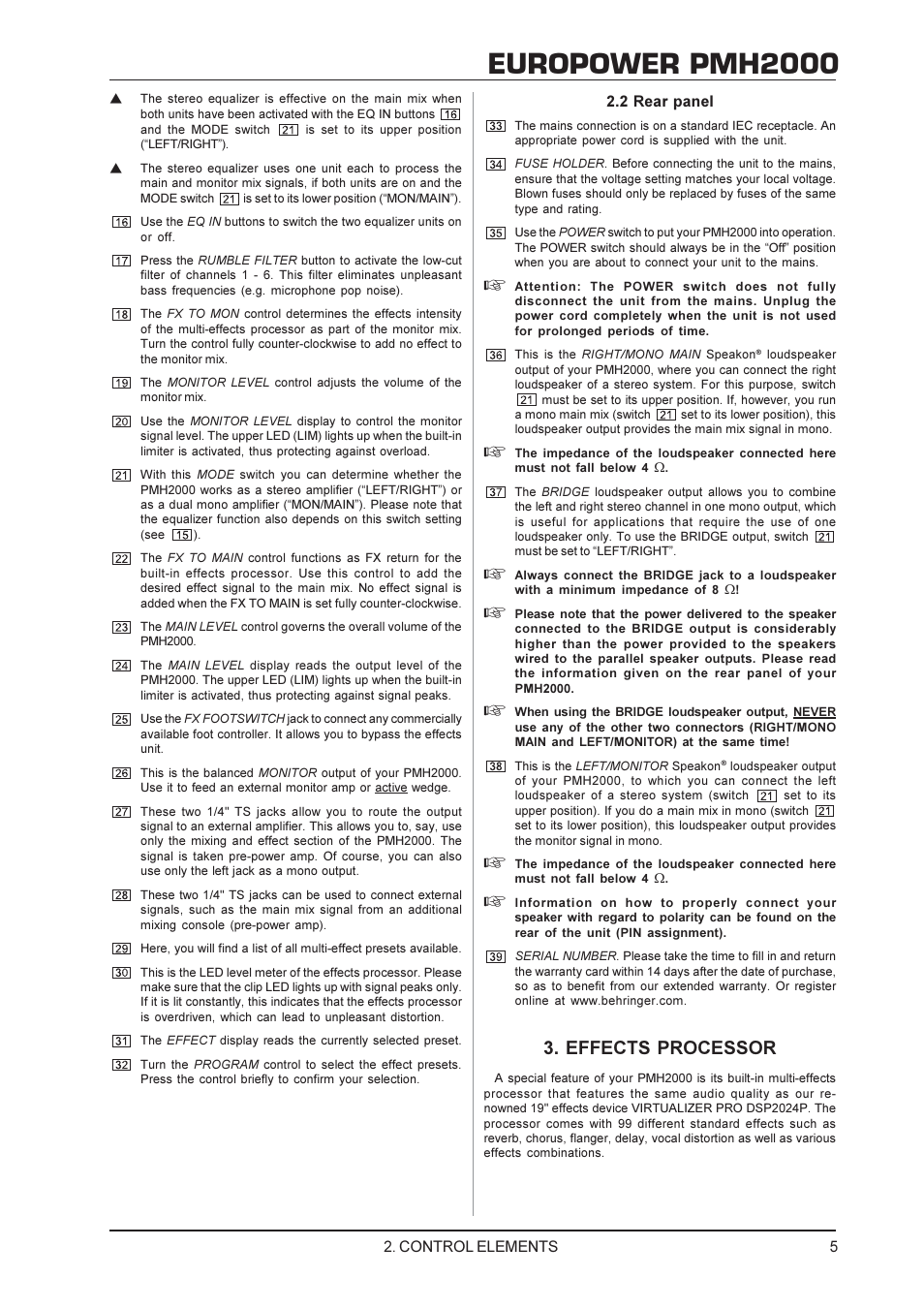 Europower pmh2000, Effects processor | Behringer Power Mixer User Manual | Page 5 / 10