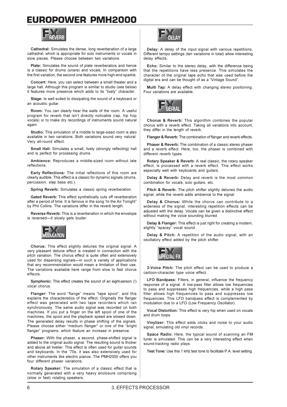 Europower pmh2000, Effects processor | Behringer Power Mixer User Manual | Page 6 / 10