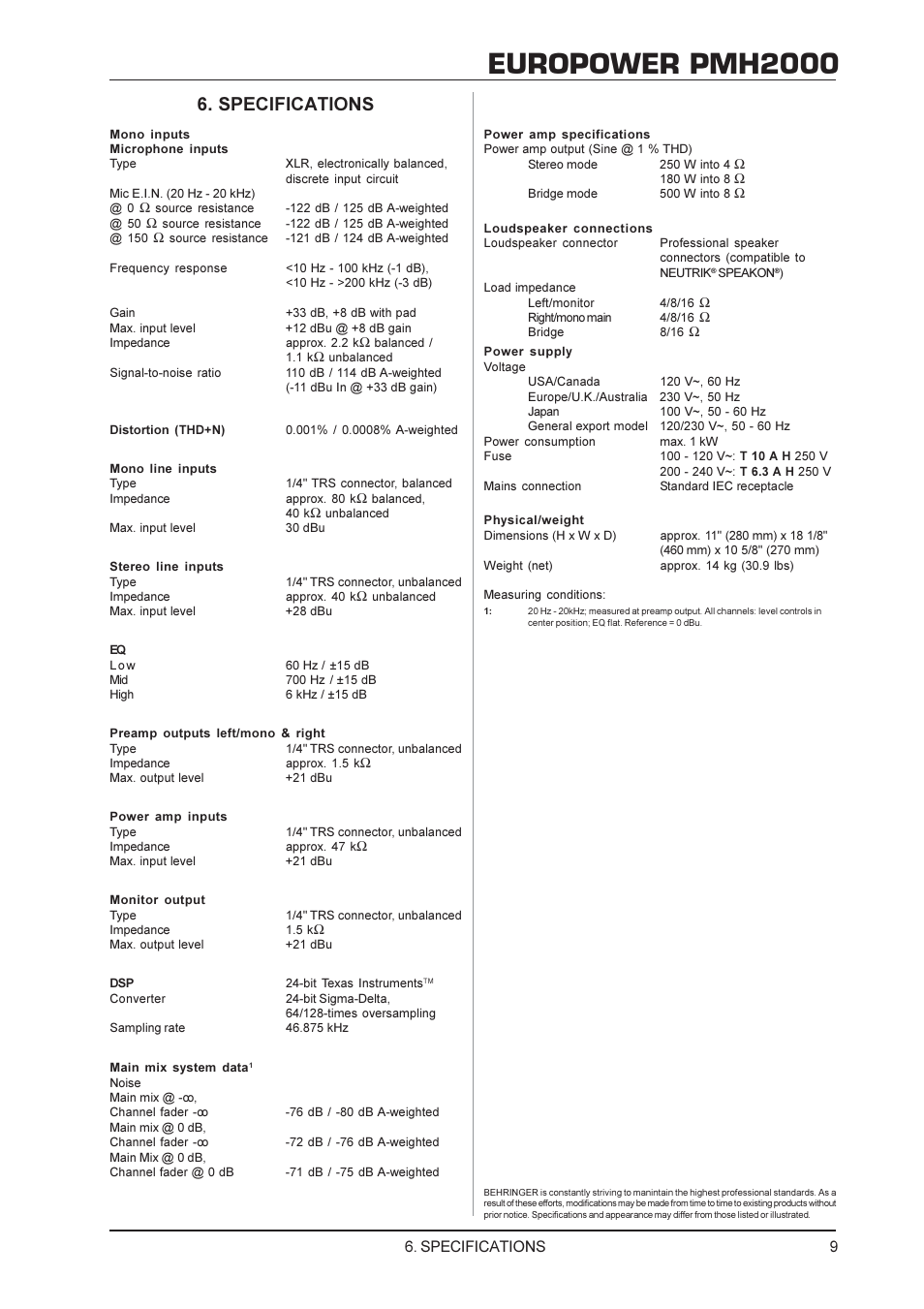 Europower pmh2000, Specifications | Behringer Power Mixer User Manual | Page 9 / 10