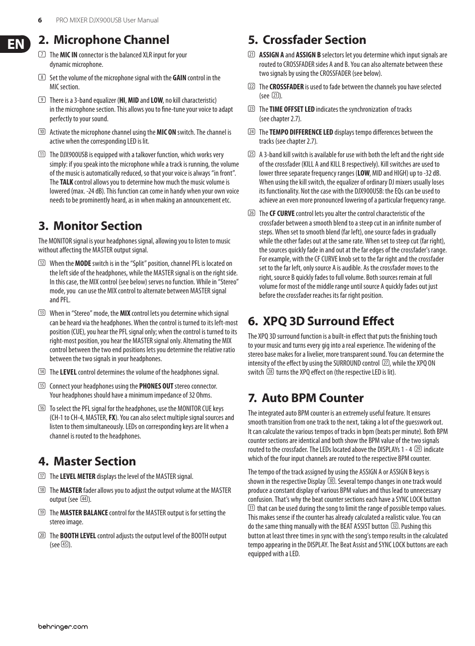 Microphone channel, Monitor section, Master section | Crossfader section, Xpq 3d surround effect, Auto bpm counter | Behringer PRO MIXER DJX USB DJX900USB User Manual | Page 6 / 11