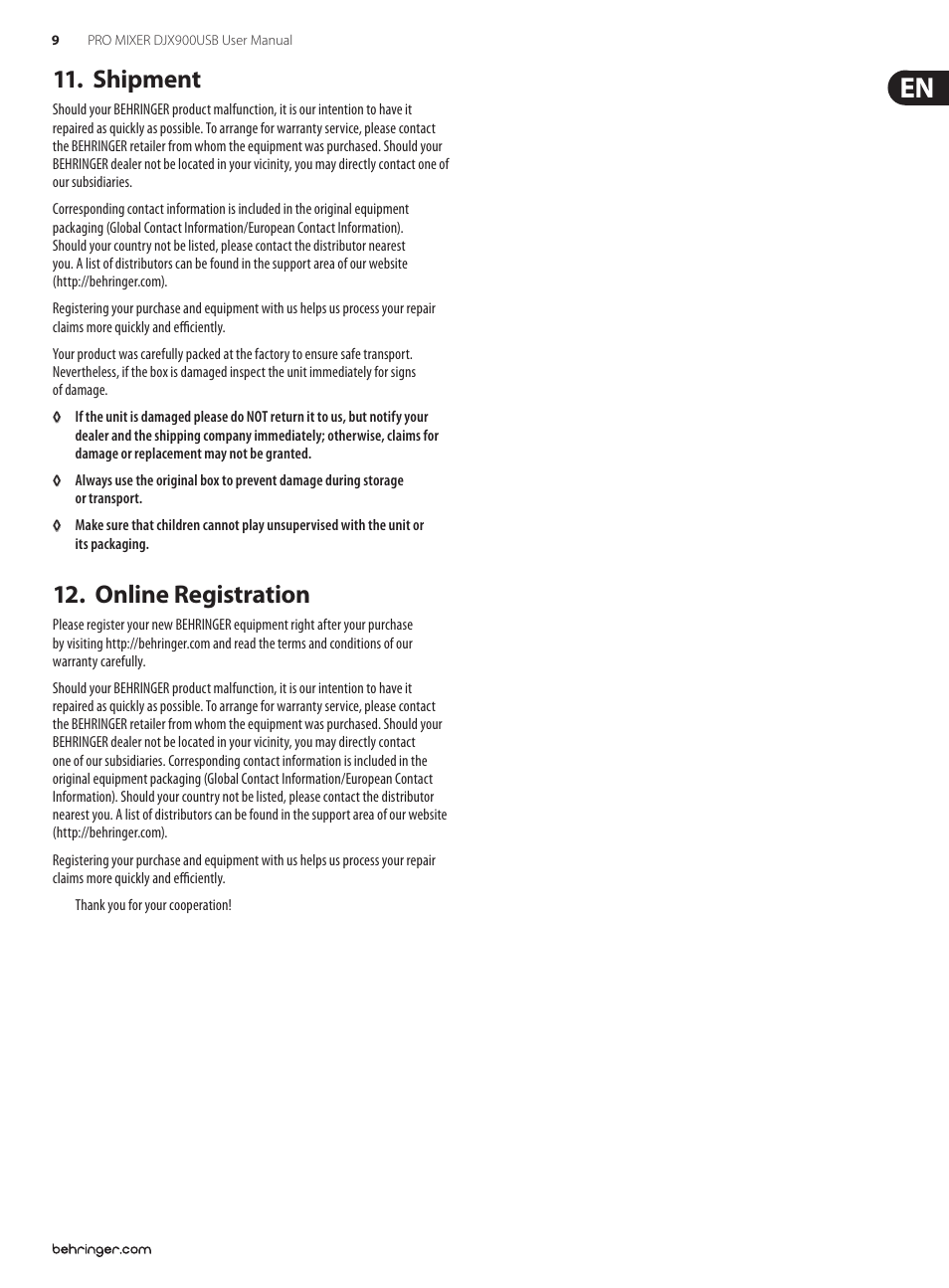 Shipment, Online registration, Shipment 12. online registration | Behringer PRO MIXER DJX USB DJX900USB User Manual | Page 9 / 11