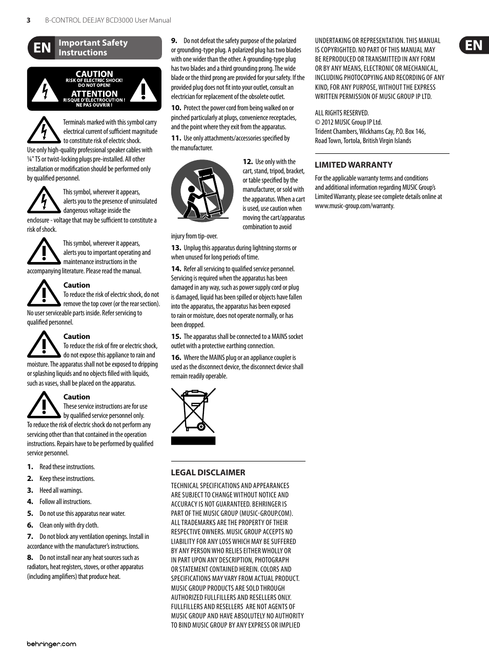 Important safety instructions, Legal disclaimer, Limited warranty | Behringer B-Control Deejay BCD3000 User Manual | Page 3 / 17