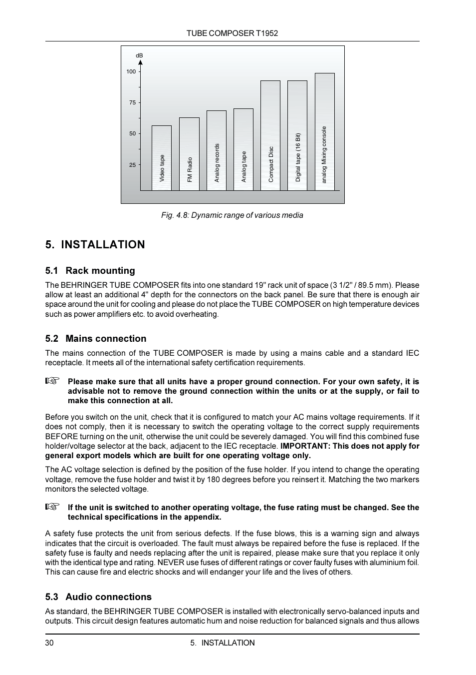 Installation, 1 rack mounting, 2 mains connection | 3 audio connections | Behringer T1952 User Manual | Page 30 / 34