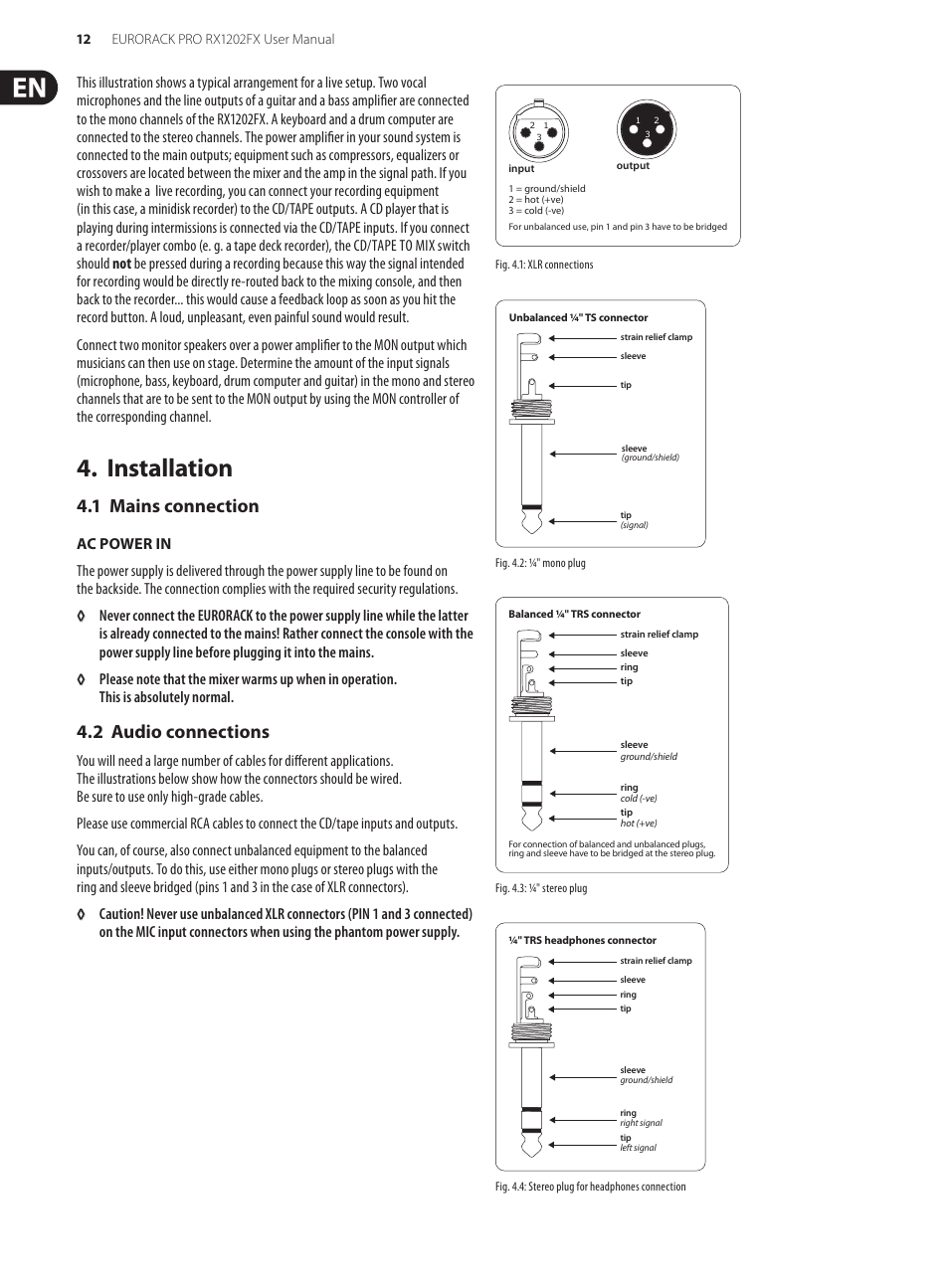 Installation, 1 mains connection, 2 audio connections | 1 mains connection 4.2 audio connections | Behringer Eurorack Pro RX1202FX User Manual | Page 12 / 16