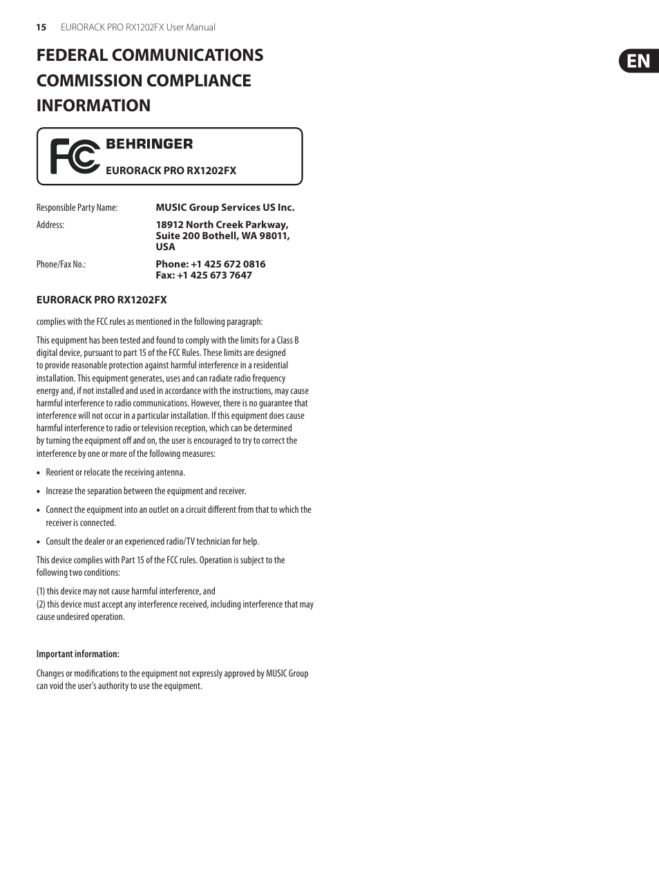 Behringer Eurorack Pro RX1202FX User Manual | Page 15 / 16