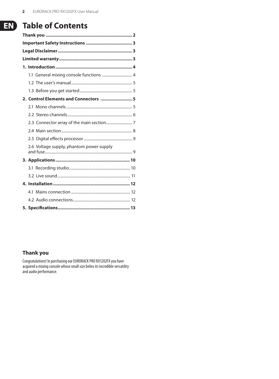 Behringer Eurorack Pro RX1202FX User Manual | Page 2 / 16